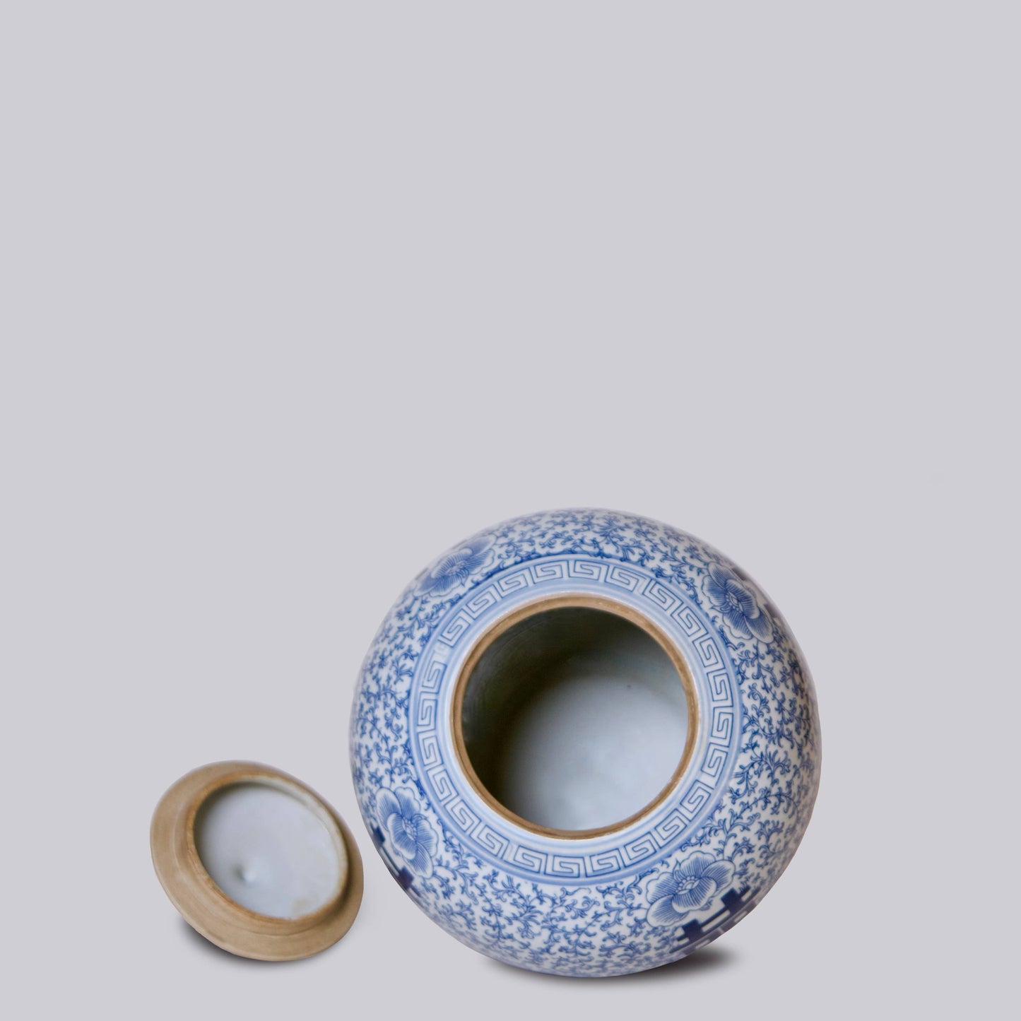 Double Happiness/Scrolling Peony Squat Blue and White Jar