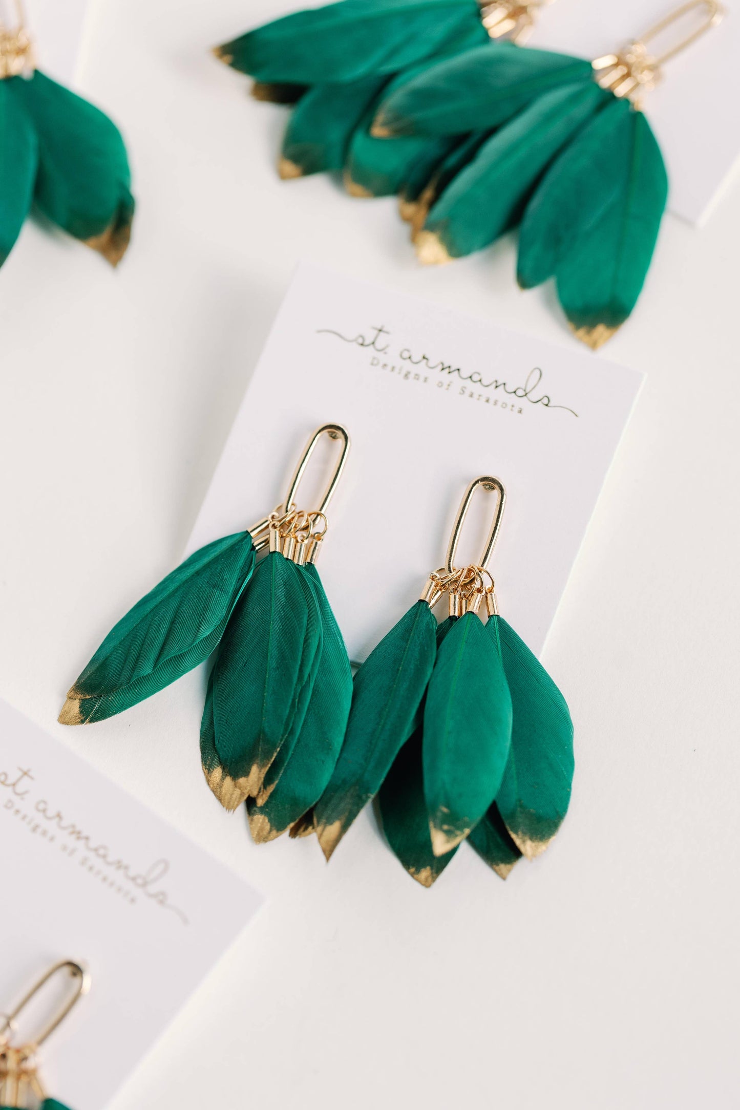 Emerald Feather Tassel Earrings