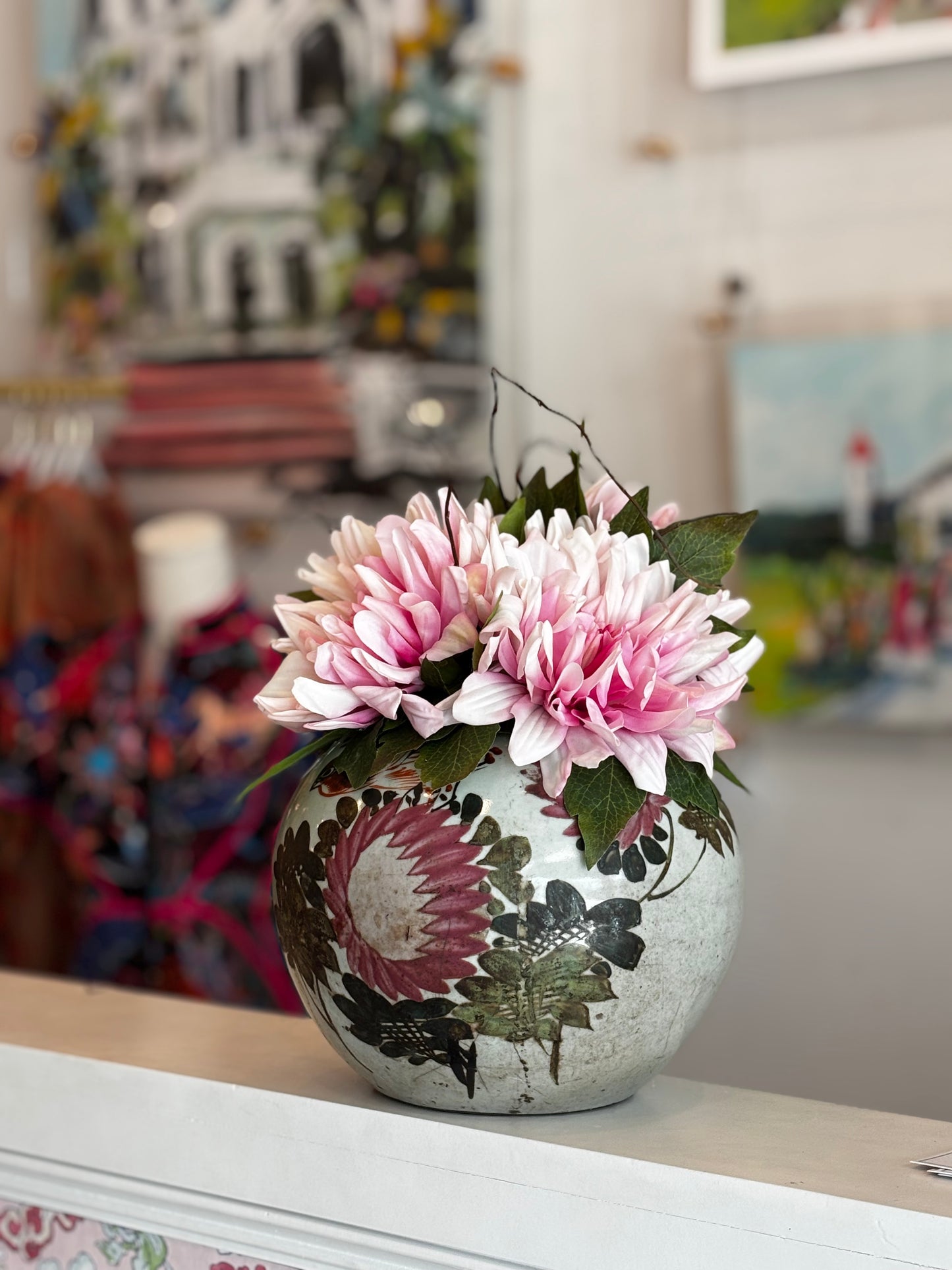 Pink Dahlias in Family Rose Jar
