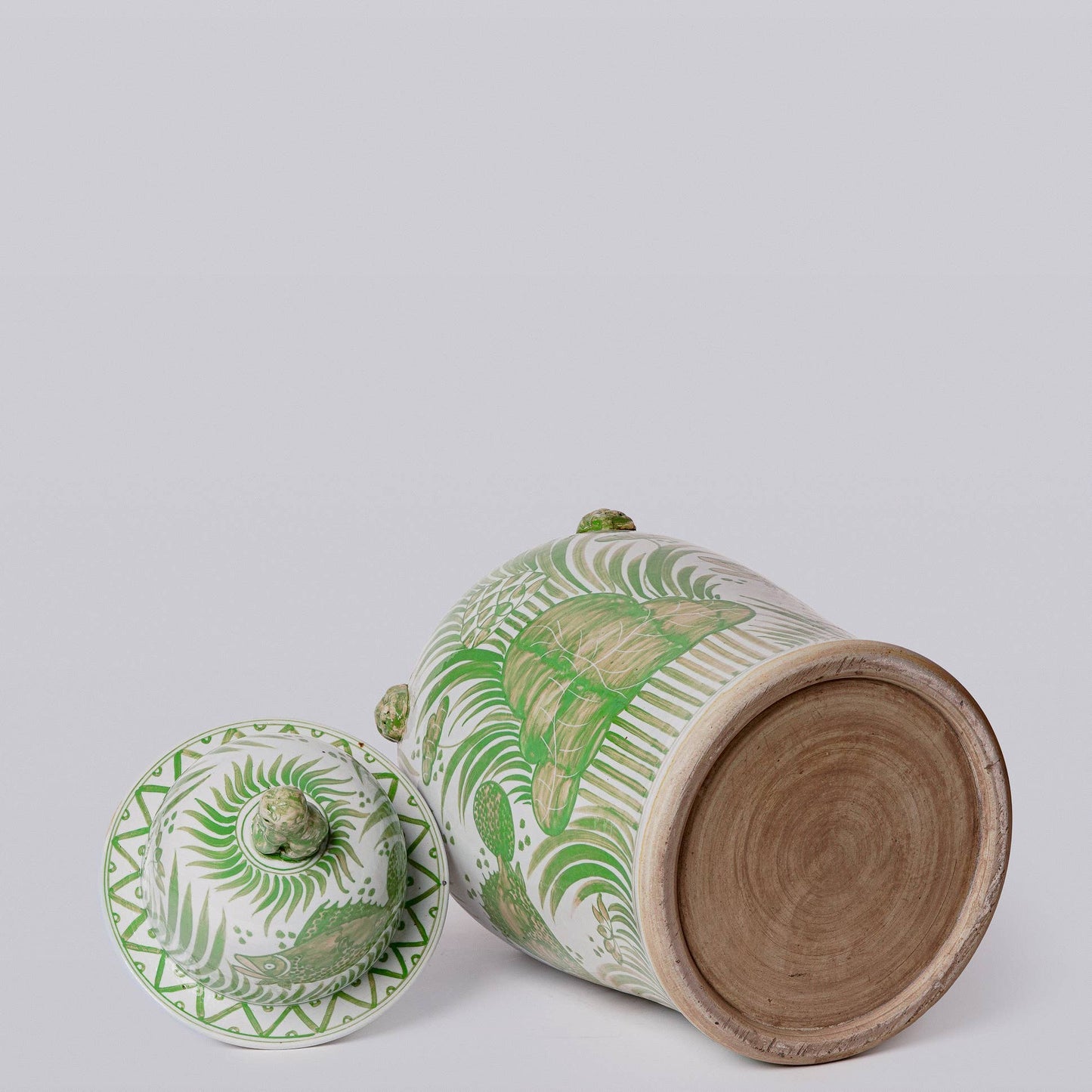 Green and White Fish and Lotus Porcelain Temple Jar