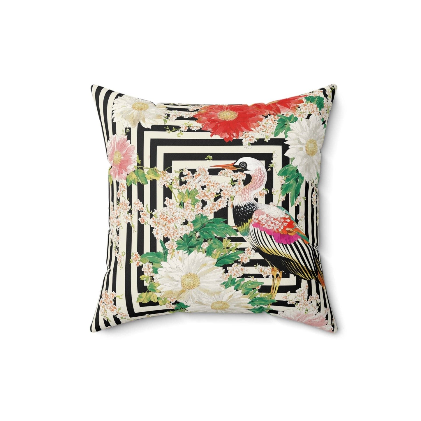 Crane & Dahlia Throw Pillow: 20" × 20"