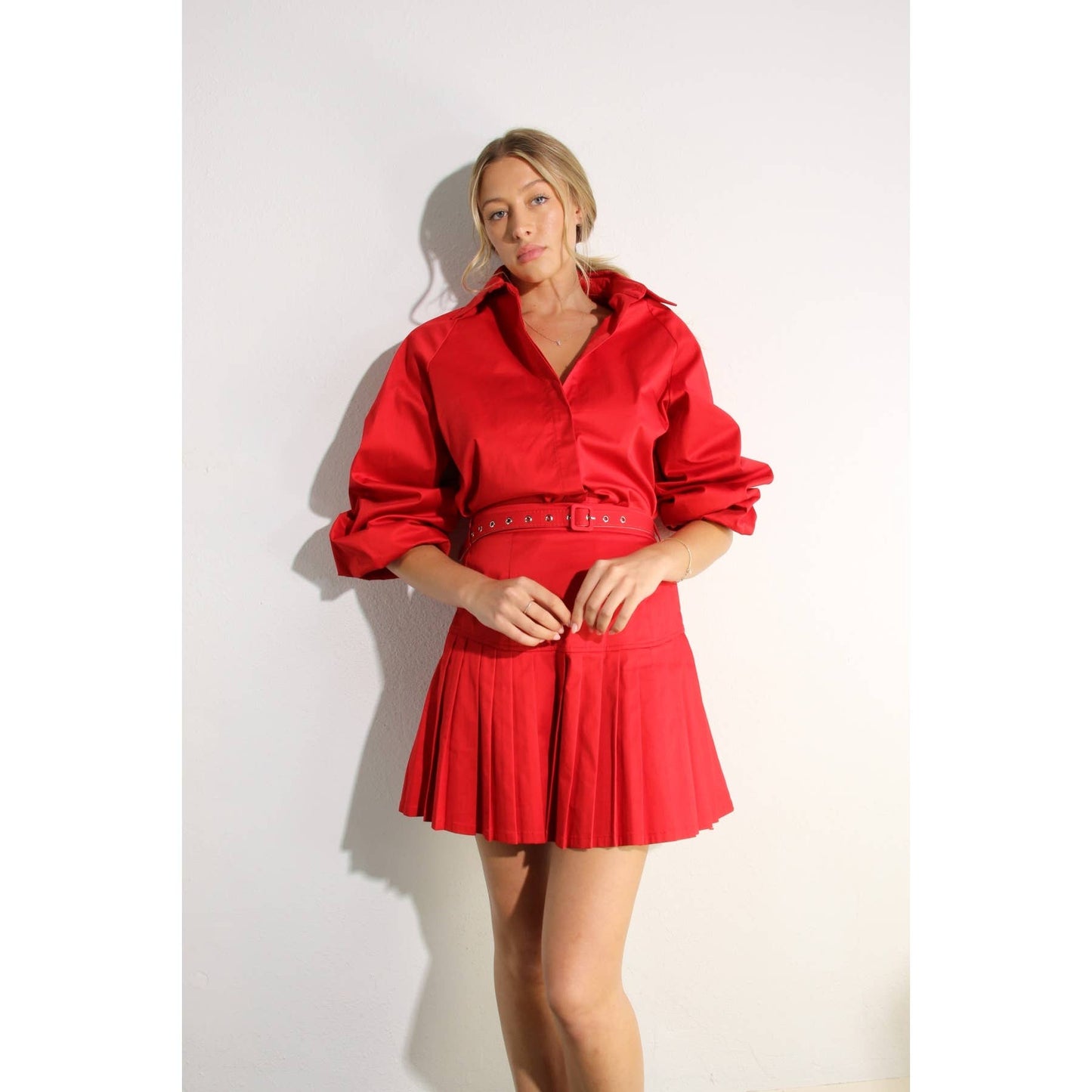 RED SHIRT AND PLEATED SKIRT SET