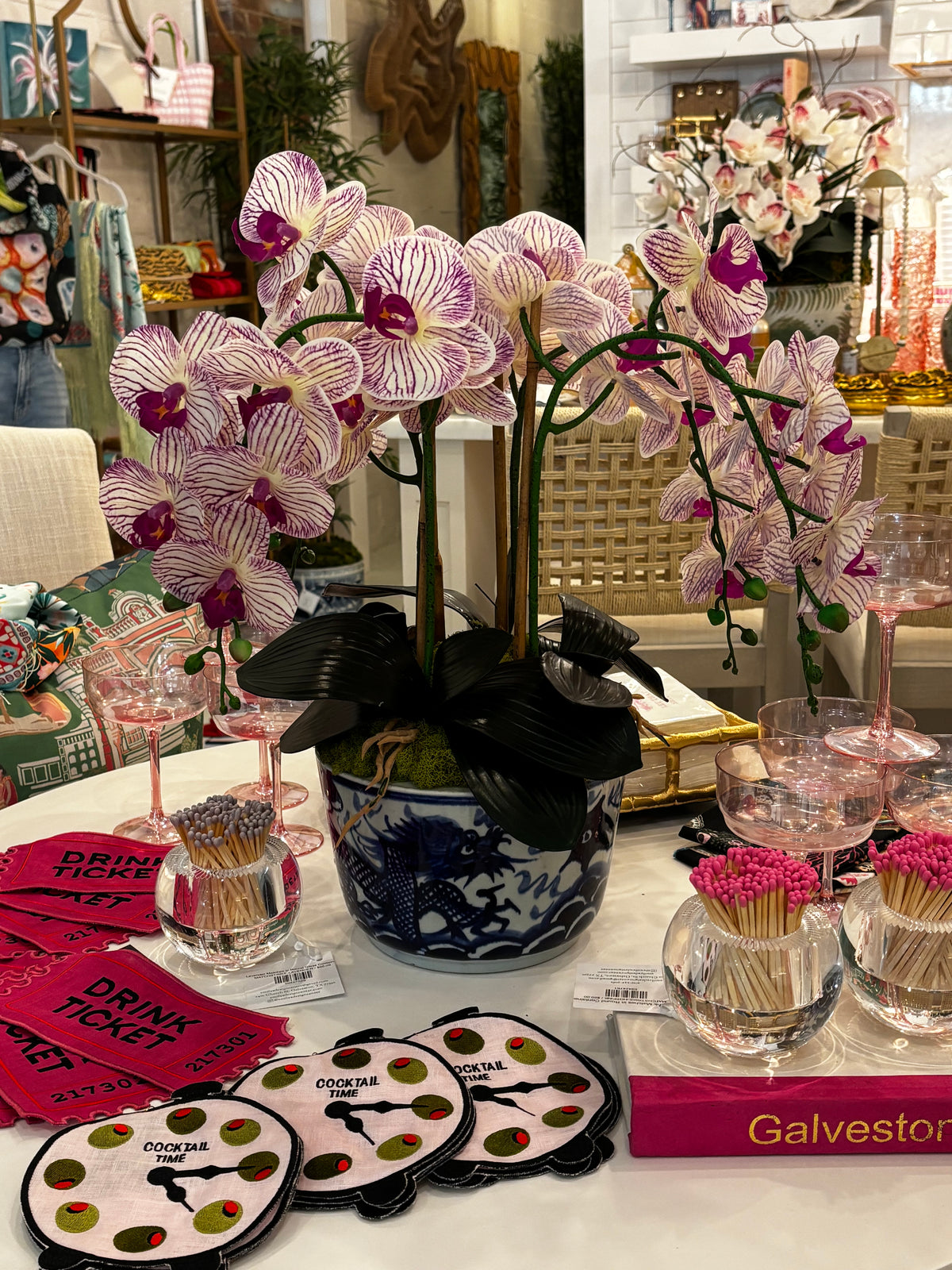Purple Orchids in Blue & White Pot