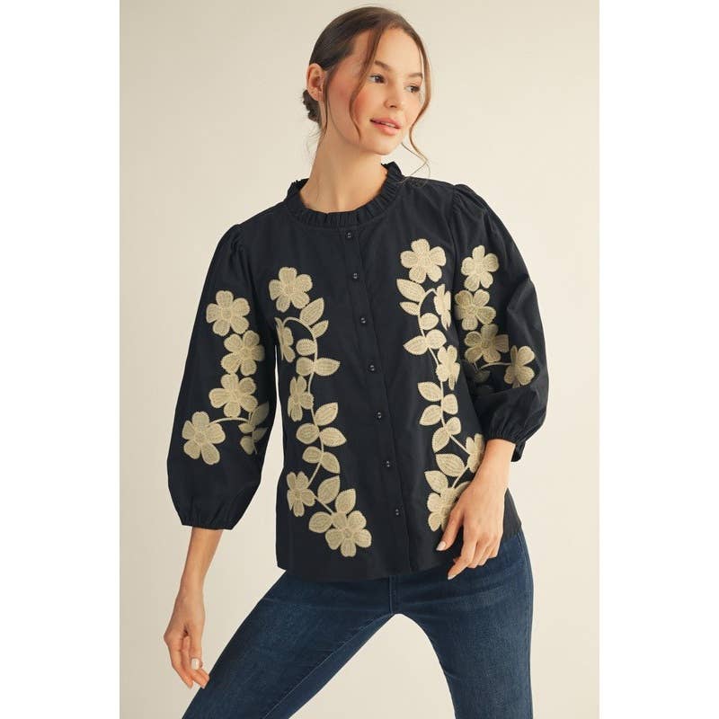 Black Top - Embroidered Flower