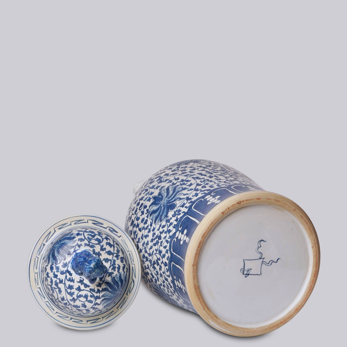 Blue and White Porcelain Scrolling Lotus Rondelle Temple Jar
