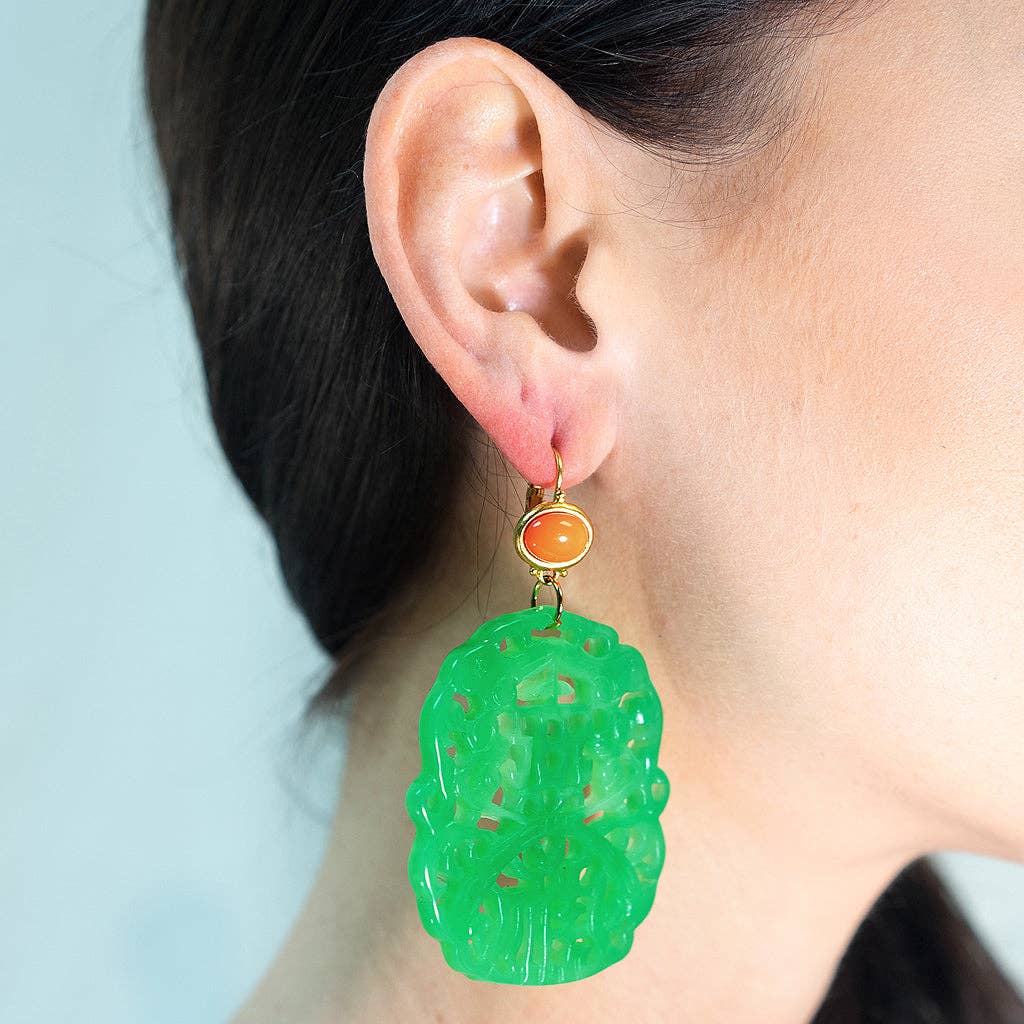 Carved Jade & Coral Earrings