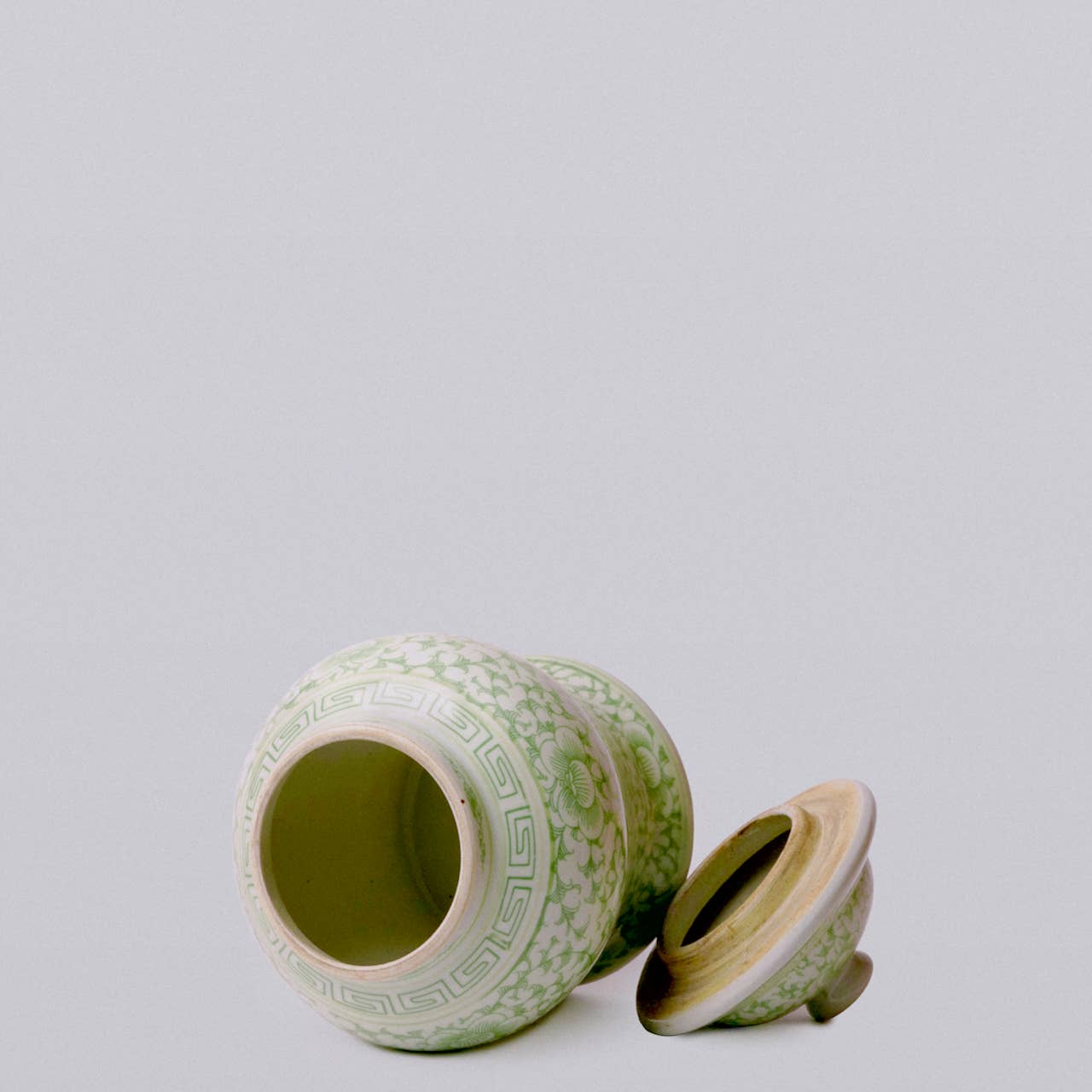 Medium Green & White Peony Temple Jar