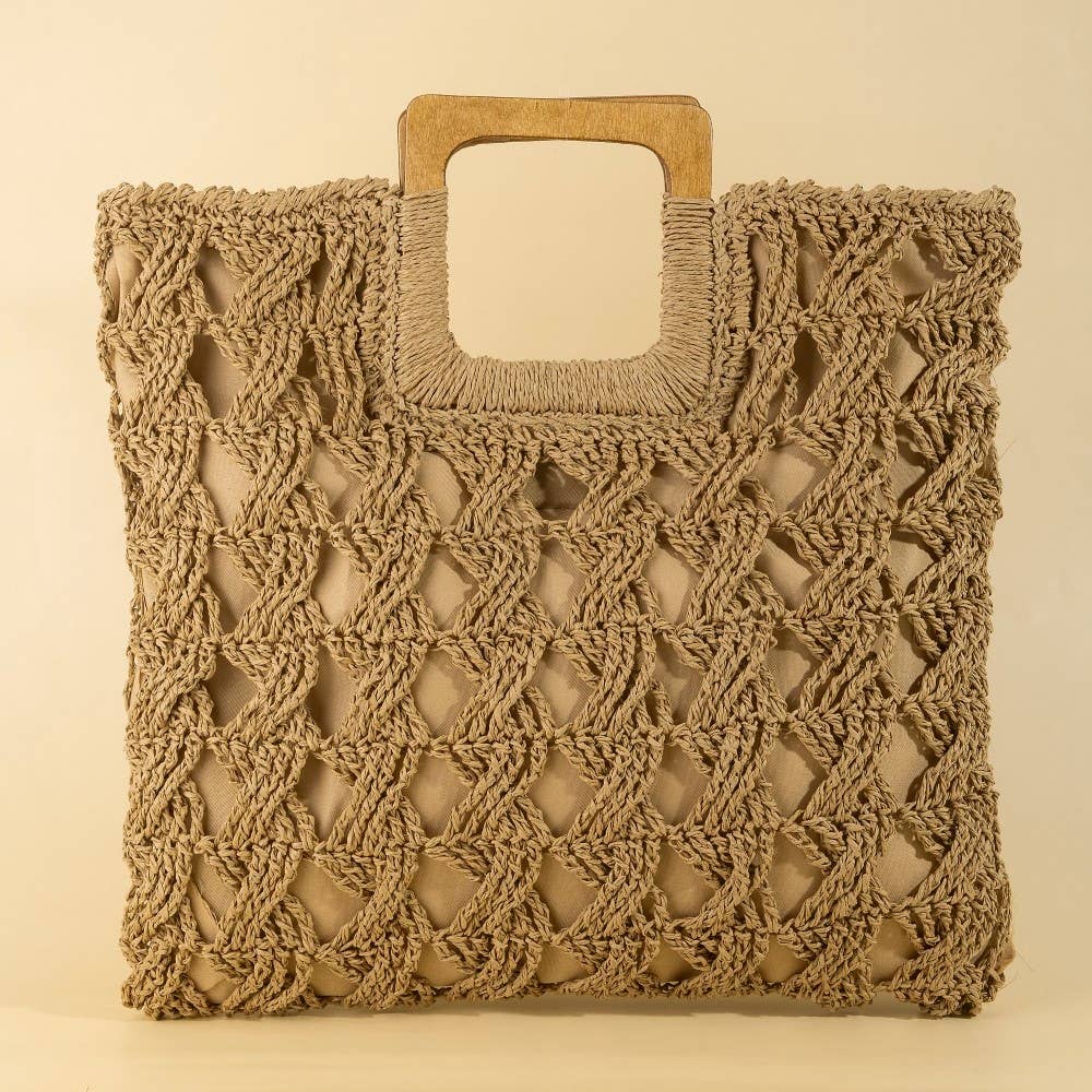 Square Straw Braided Tote Bag - Dark Brown