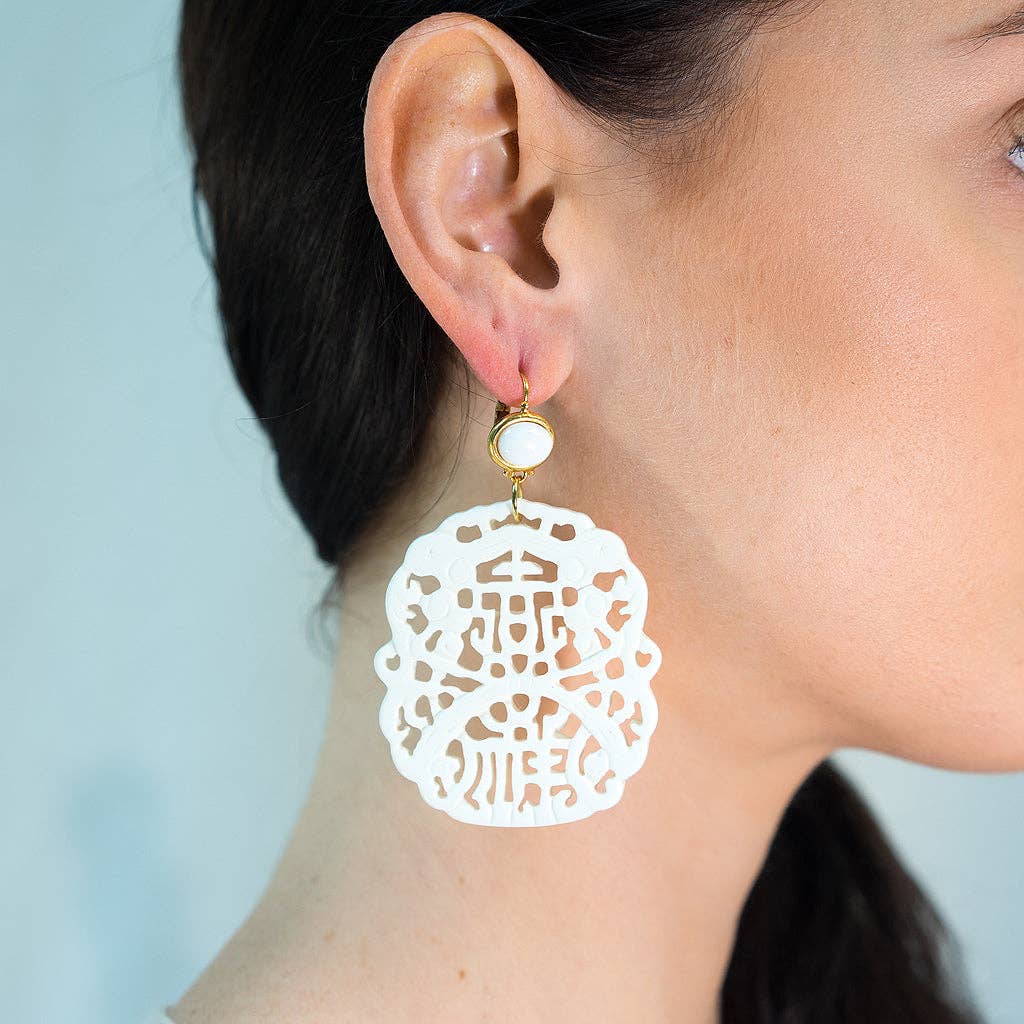 White Carved Earrings