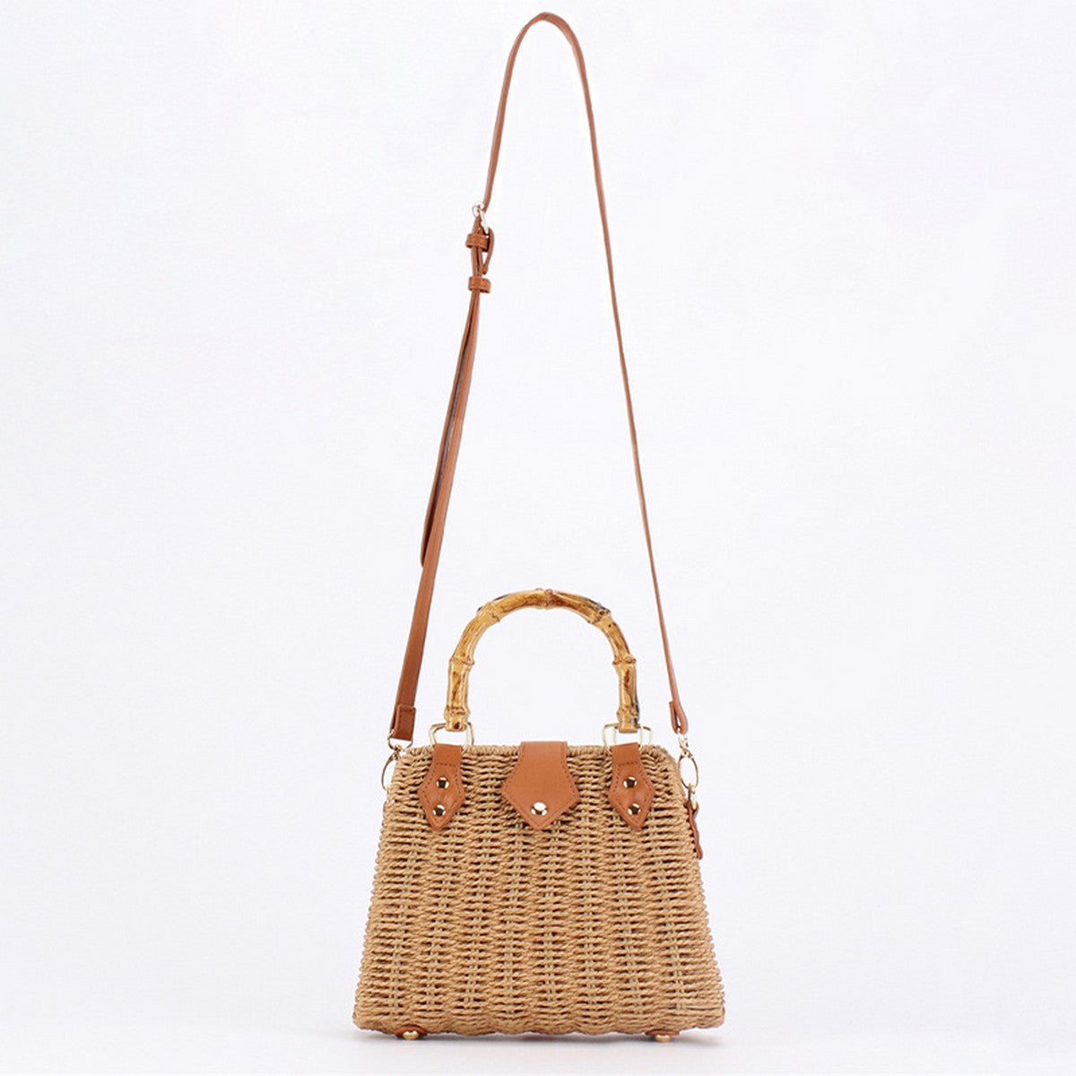 Camel Rattan Purse with Bamboo Handle