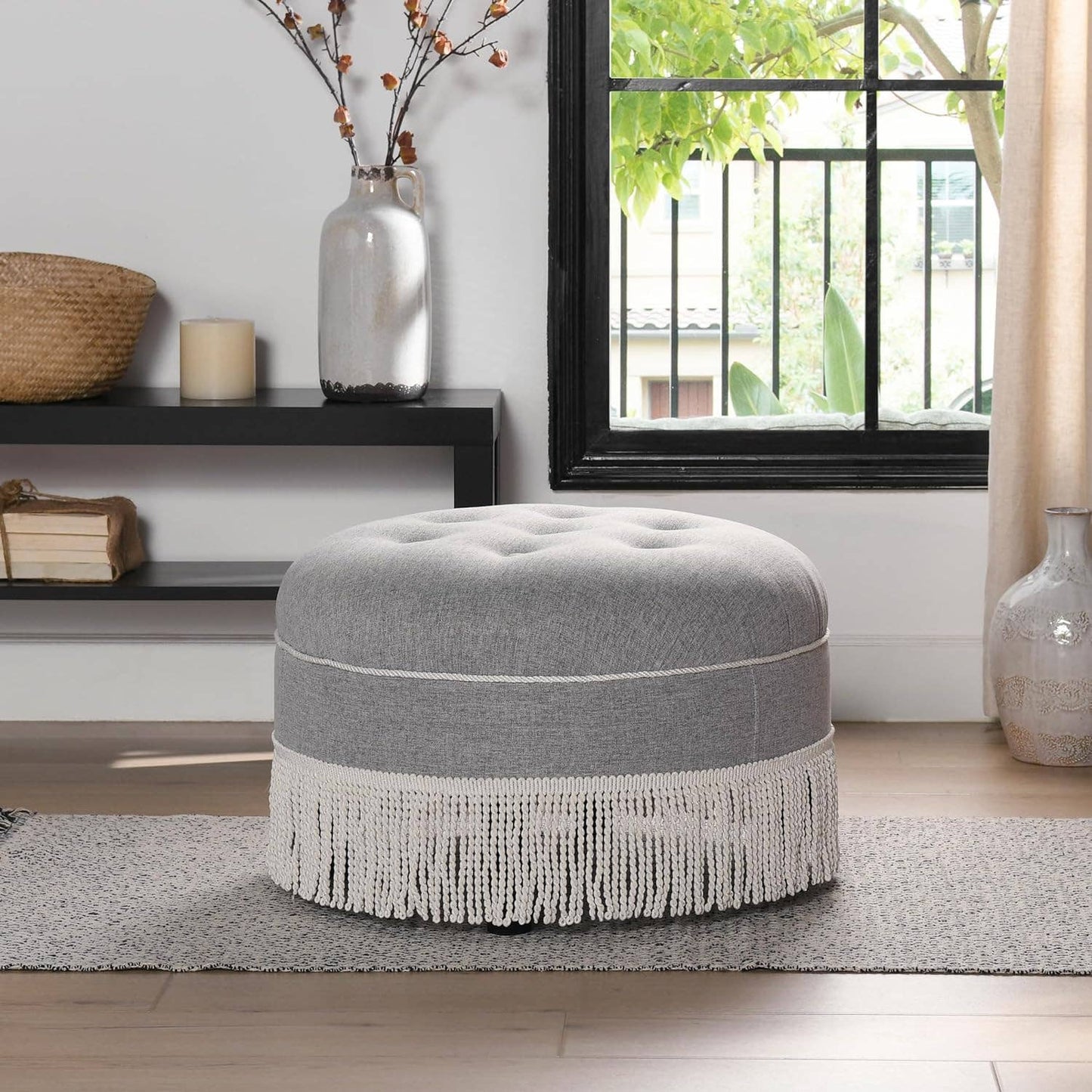 Yolanda 24" Round Upholstered Accent Ottoman: Alabaster Off White