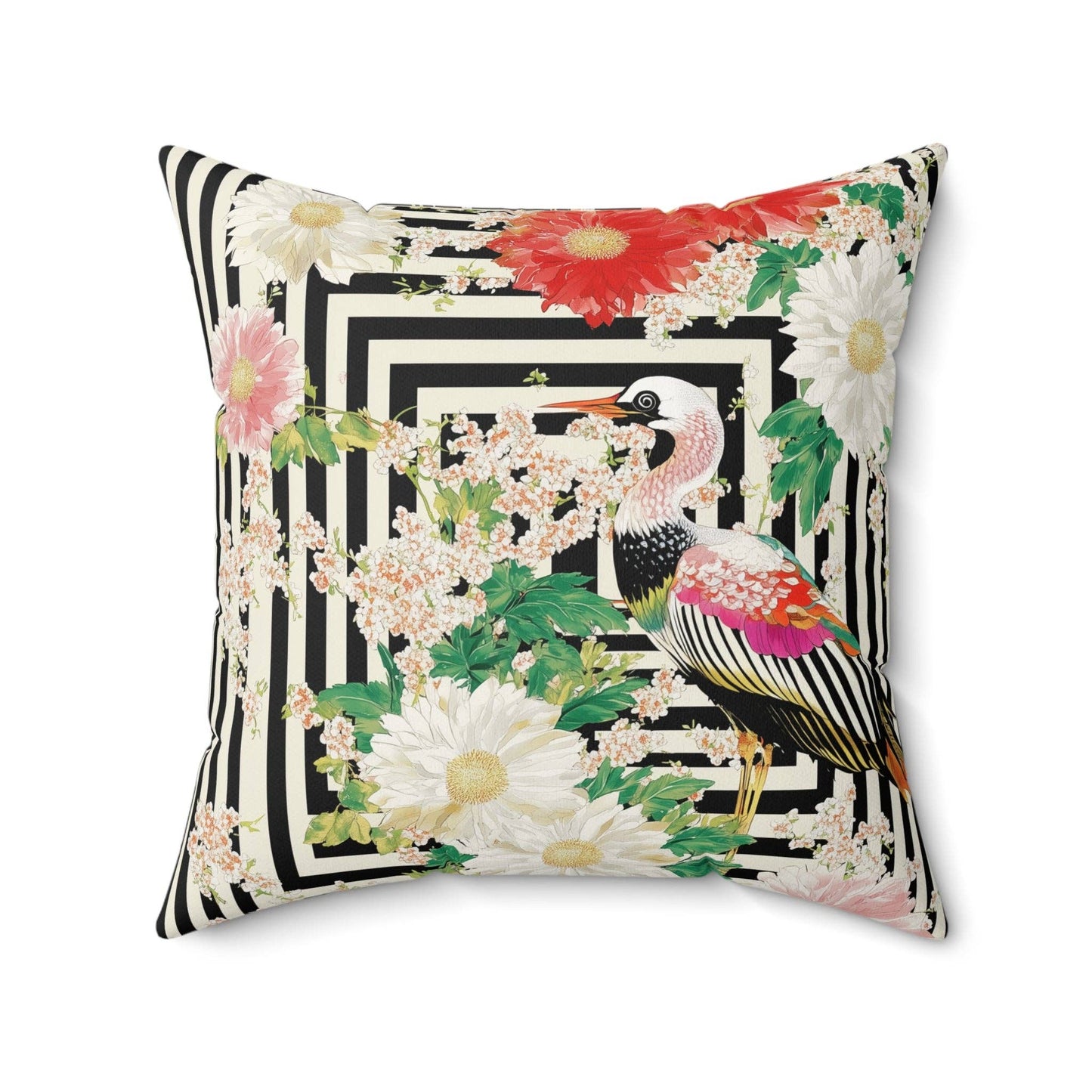 Crane & Dahlia Throw Pillow: 20" × 20"