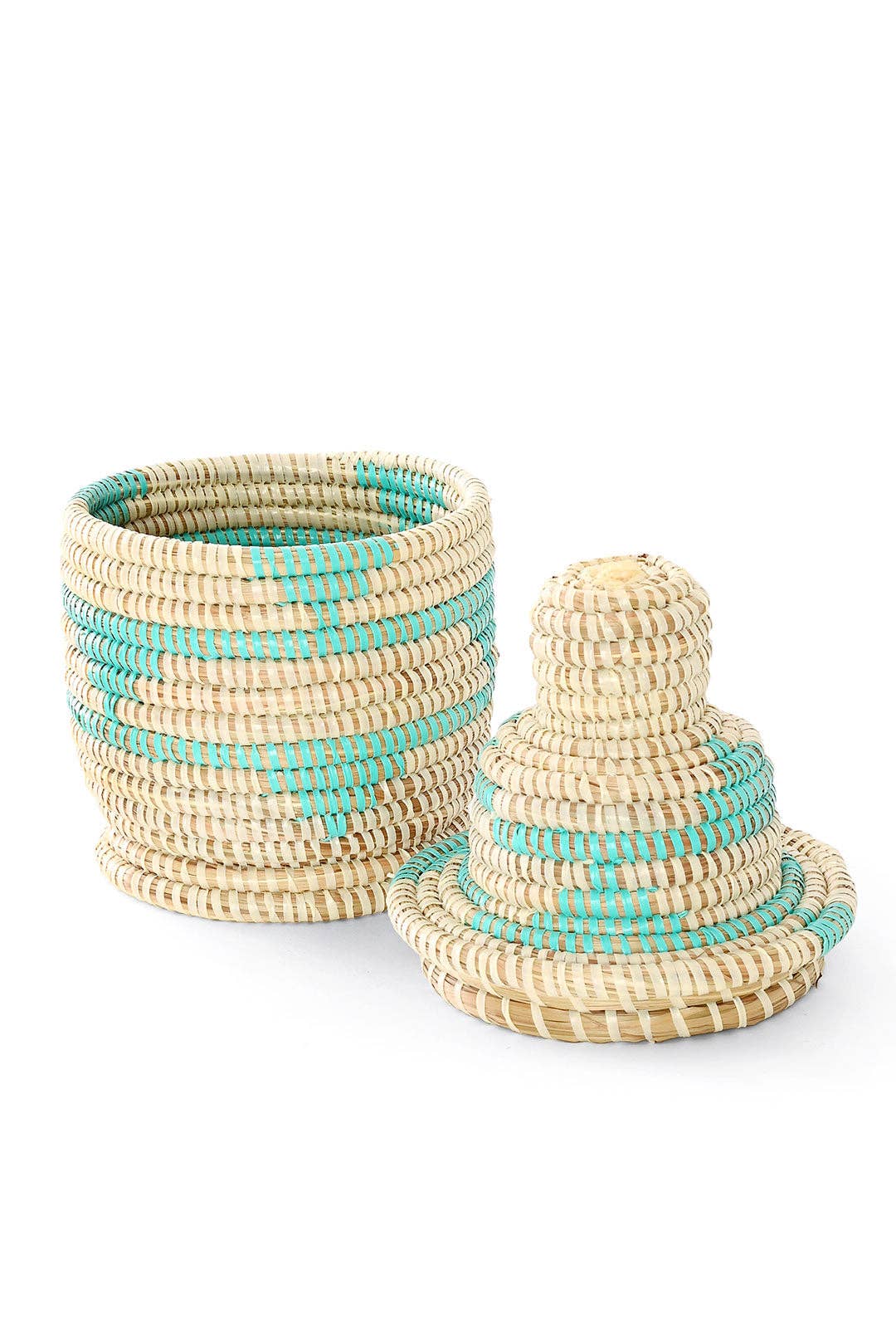 Small Cream & Aqua Lidded Tower Basket