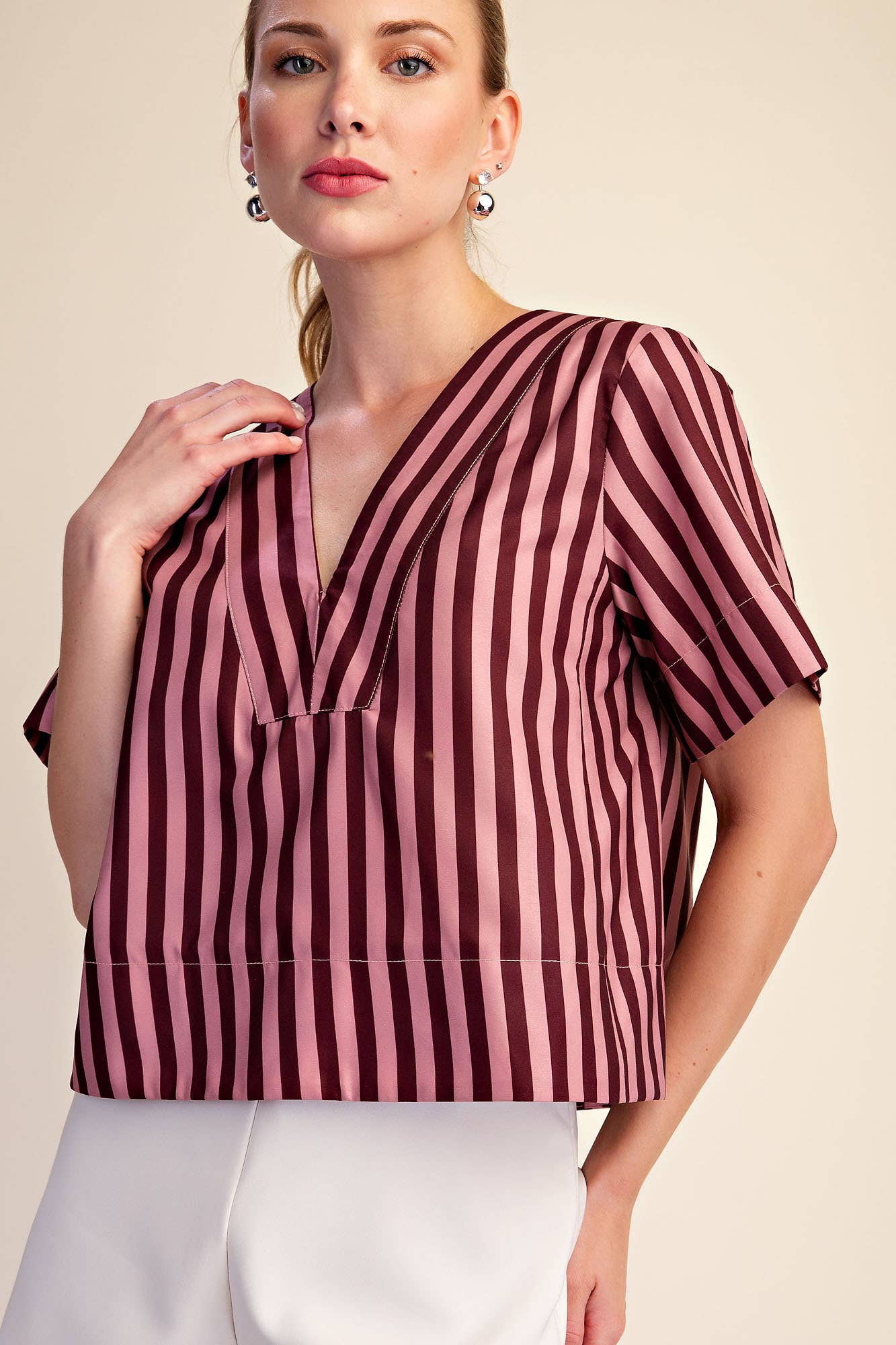 V-Neck Striped Top - Burgundy& Dusty Rose