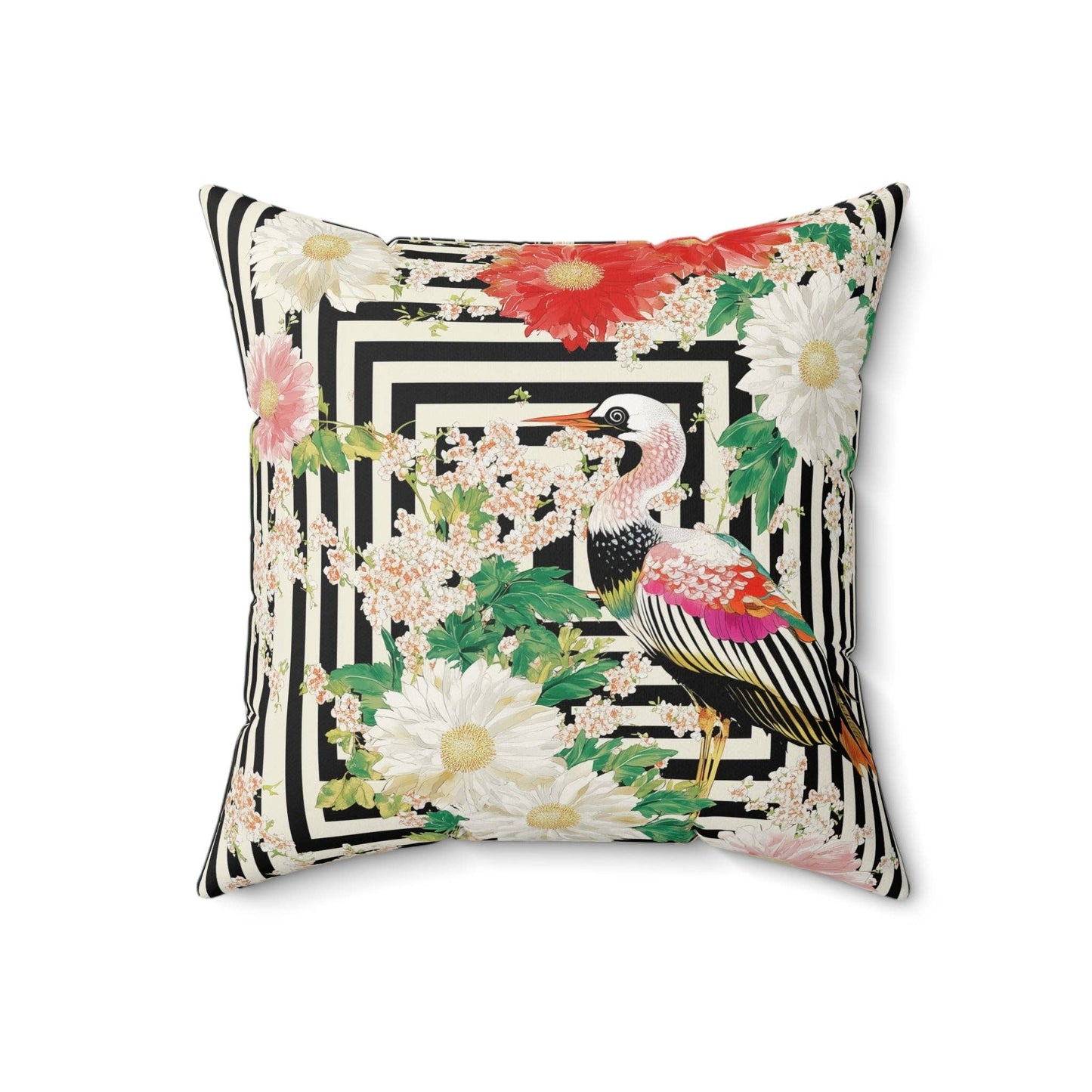 Crane & Dahlia Throw Pillow: 20" × 20"