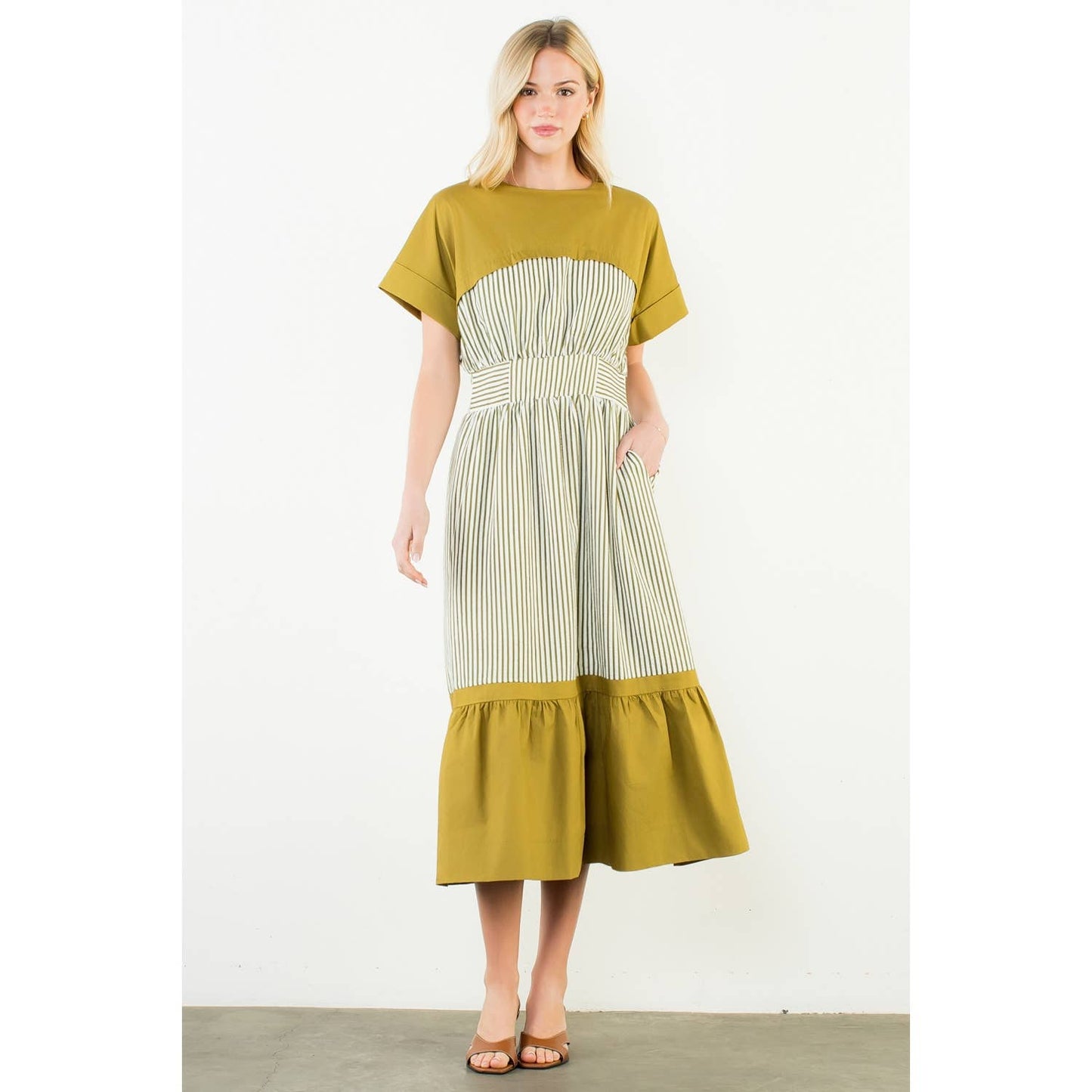 Olive Striped Midi Dress