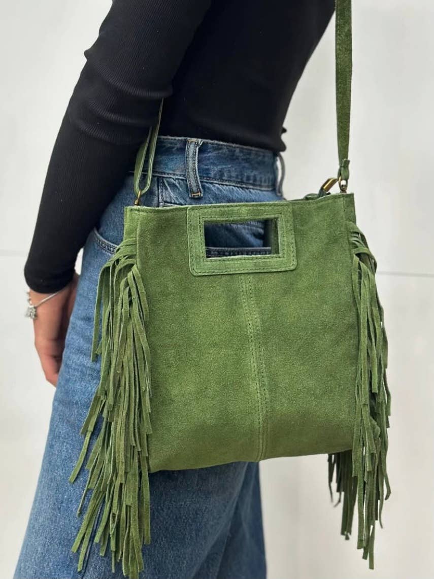 Fringe Suede Crossbody Bag: Cream