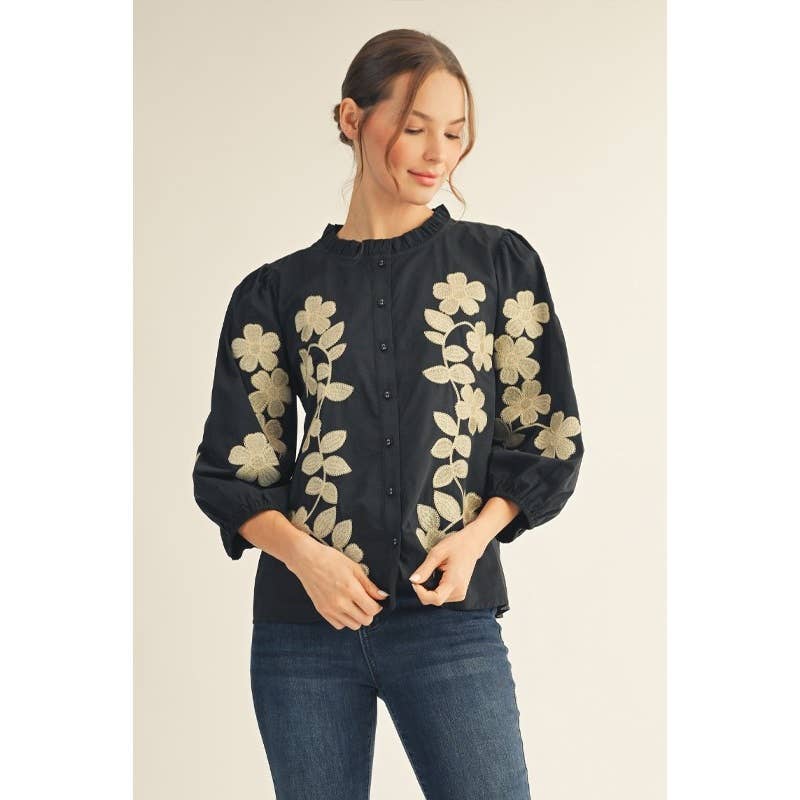 Black Top - Embroidered Flower