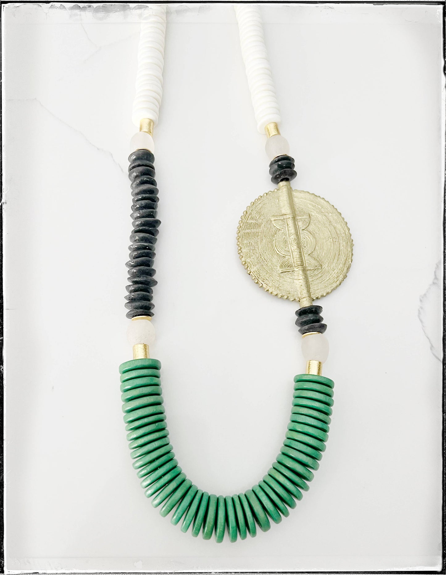 Green Beaded & Brass Pendant Necklace