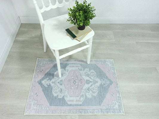 Turkish Rug, Gray Light Pink Ivory Vintage Oushak Geometric Area Rugs