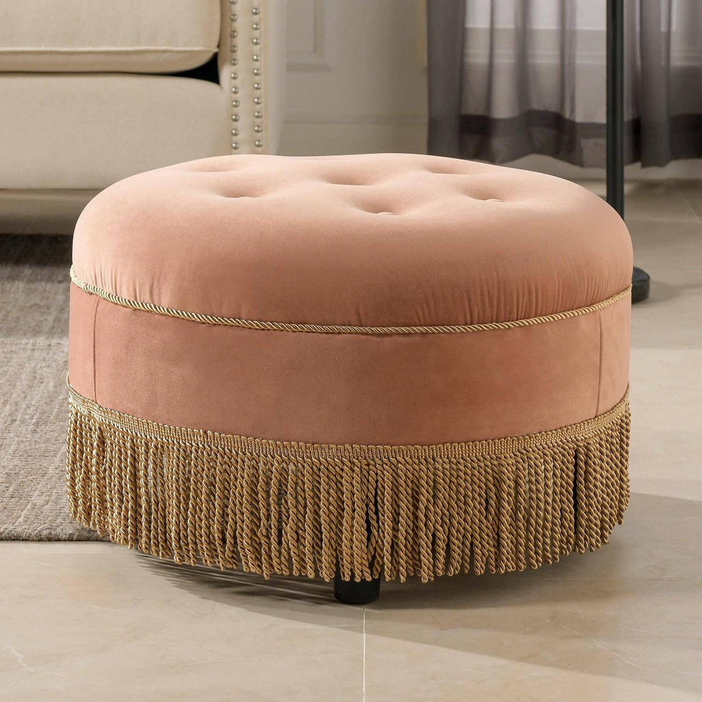 Yolanda 24" Round Upholstered Accent Ottoman: Alabaster Off White