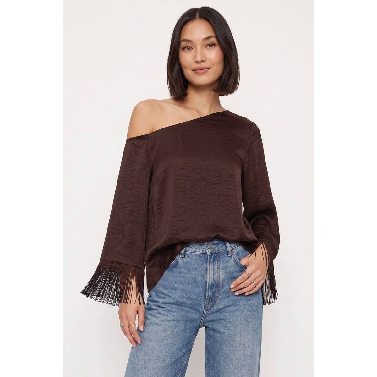 Brown Fringe Sleeve Off Shoulder Blouse