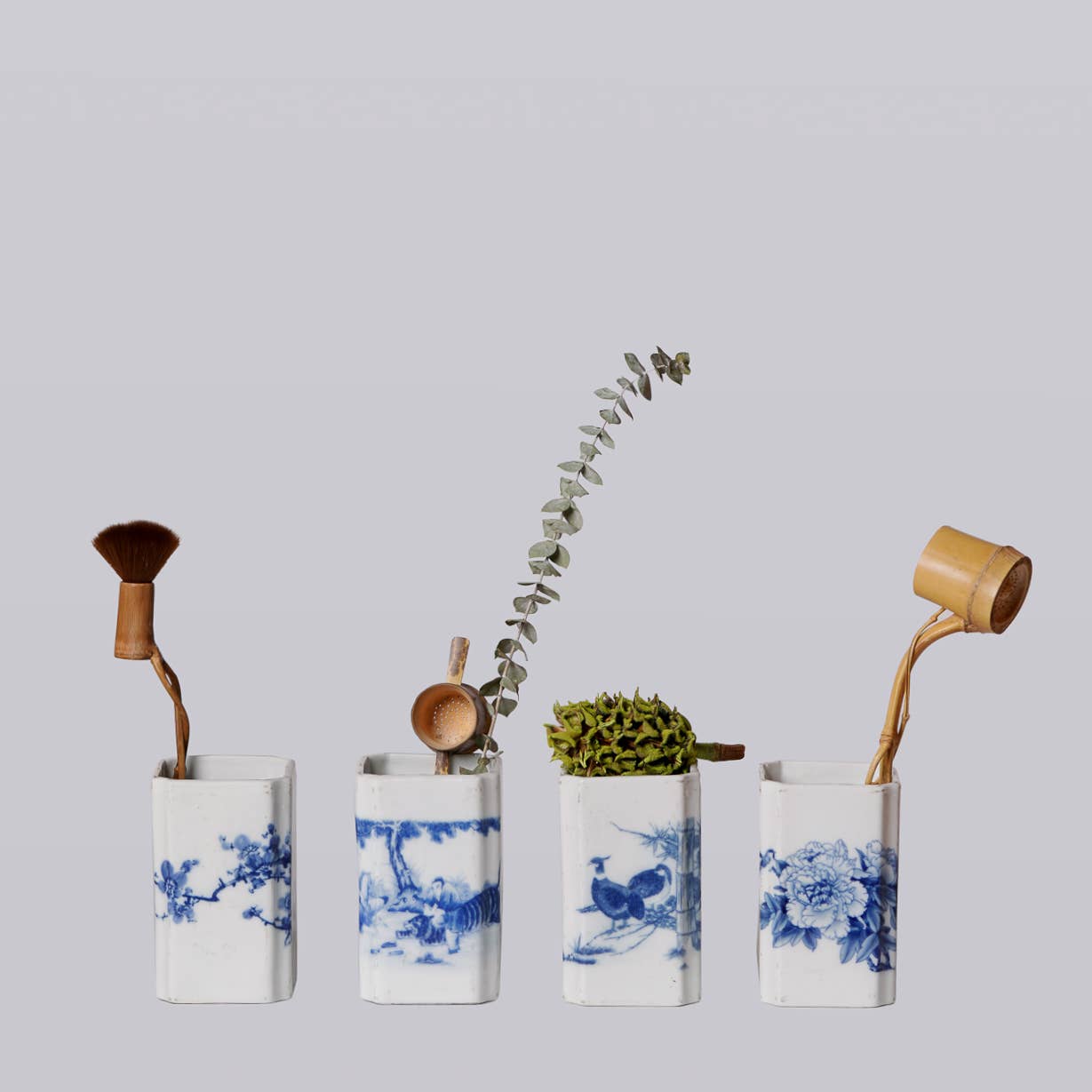 Blue & White Pheasant Square Vase with lavender scented candle