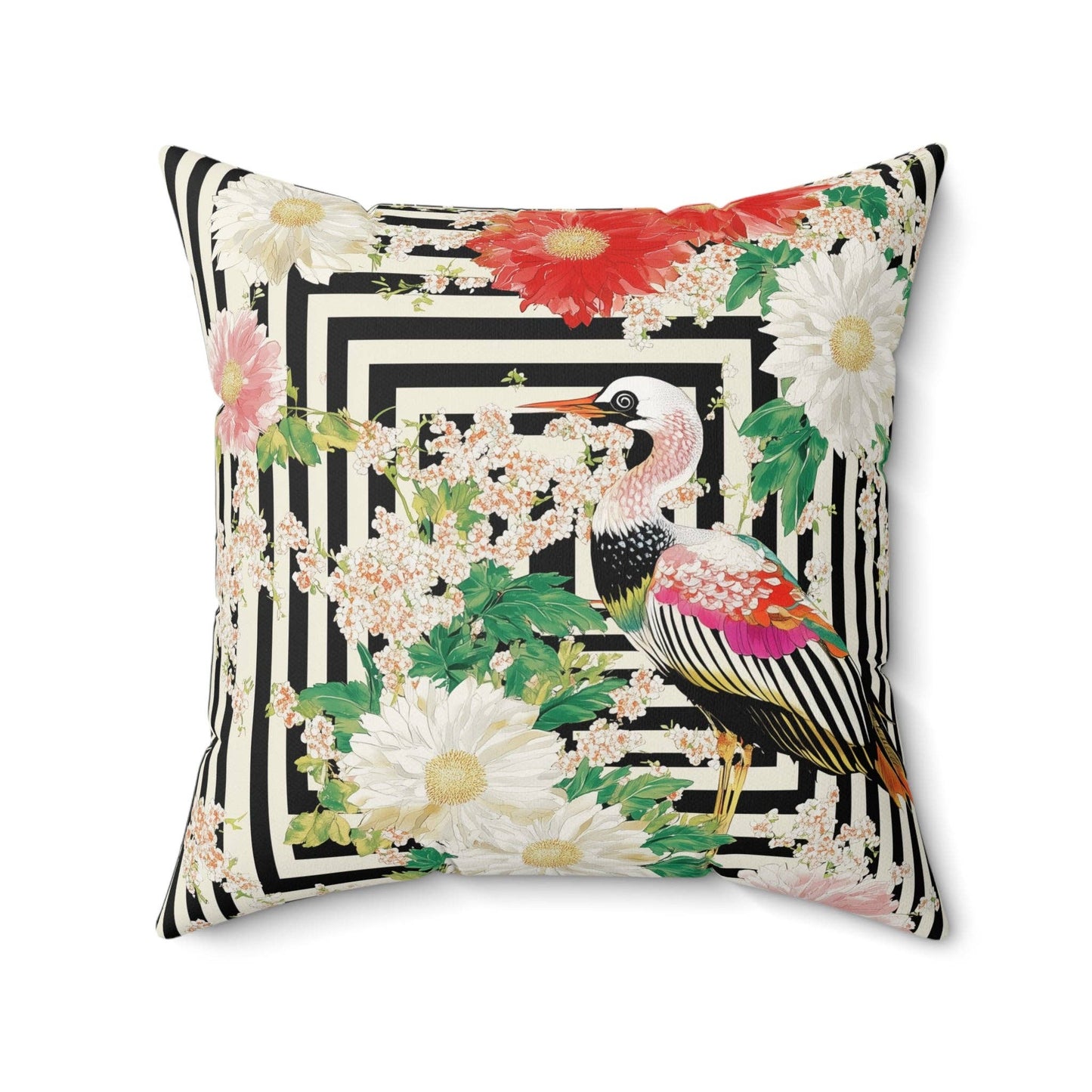 Crane & Dahlia Throw Pillow: 20" × 20"