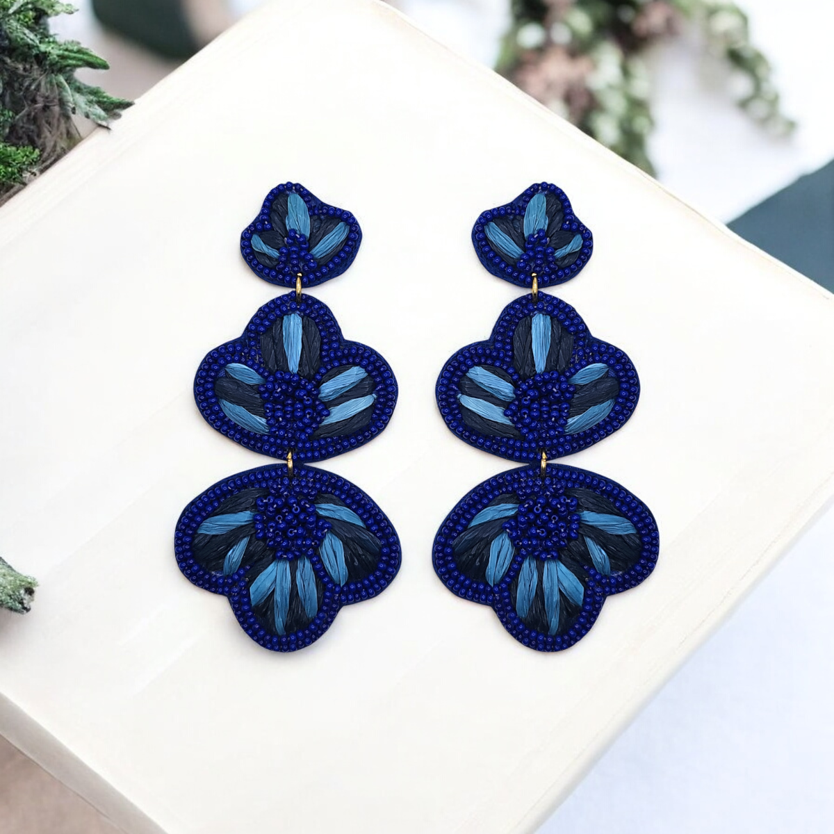 Blue Raffia & Beaded Earrings