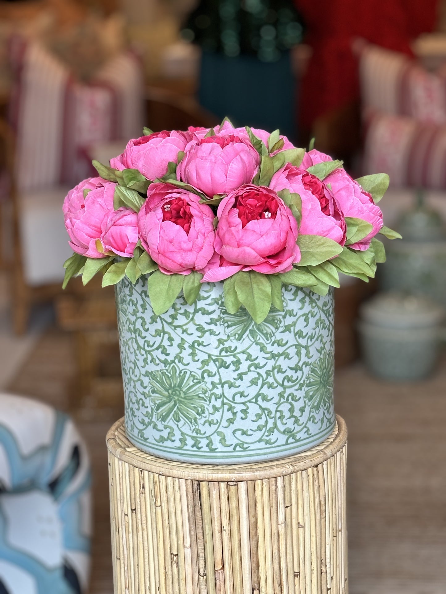 Pink Peony's in Green & White Pot