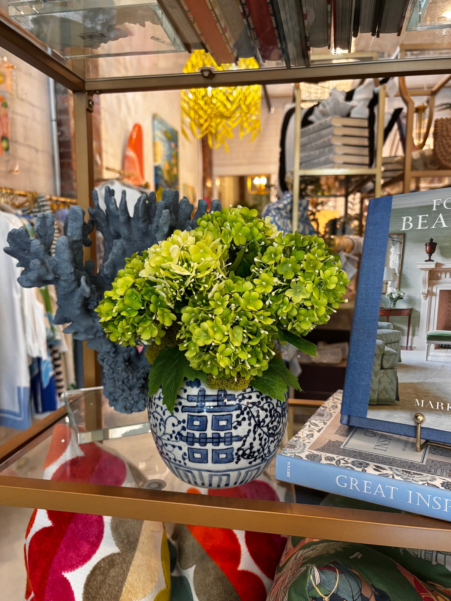 Snowball Hydrangeas in Blue & White Pot