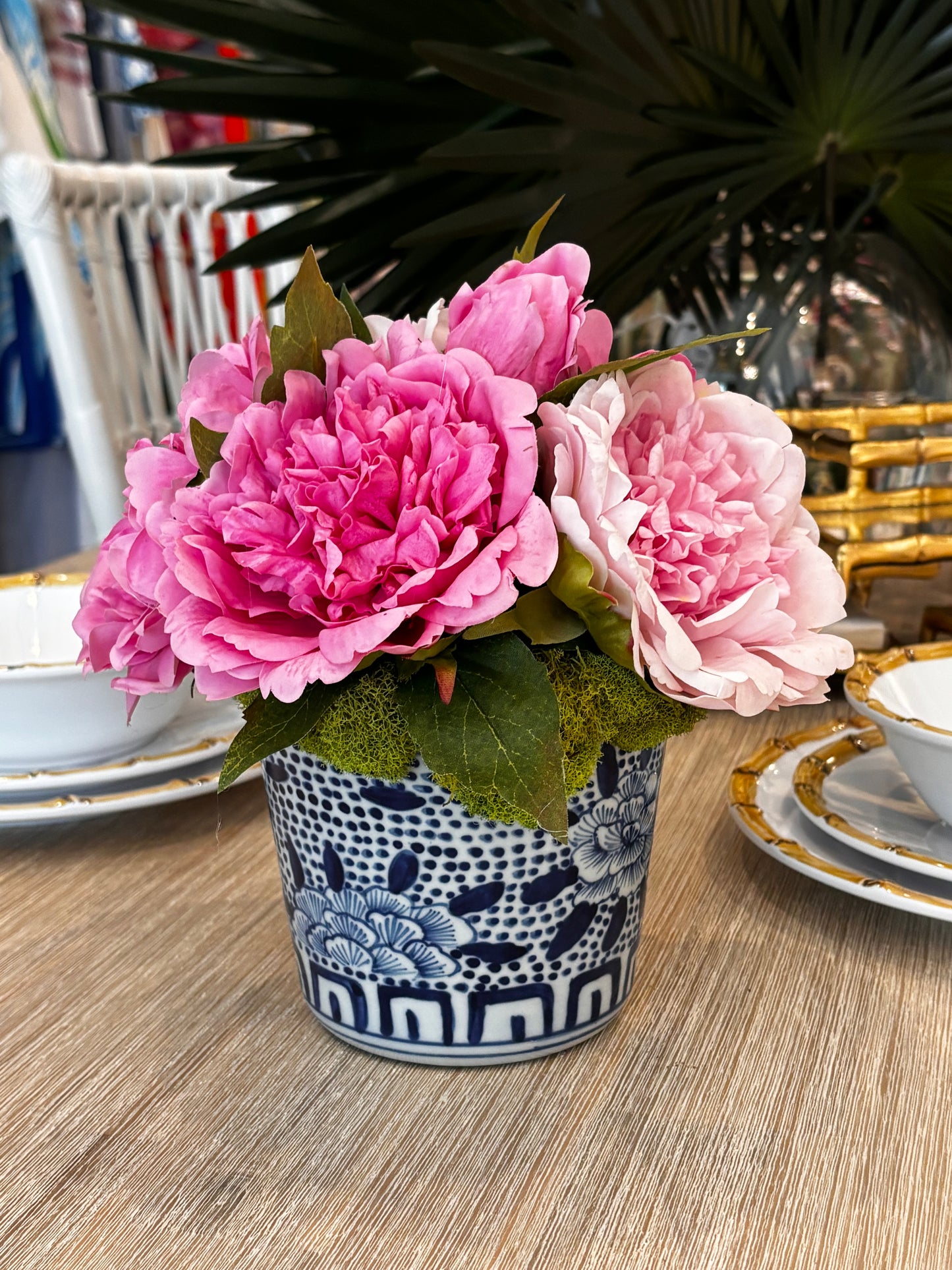 Pink Peonies in Blue & White Mini Cachepot
