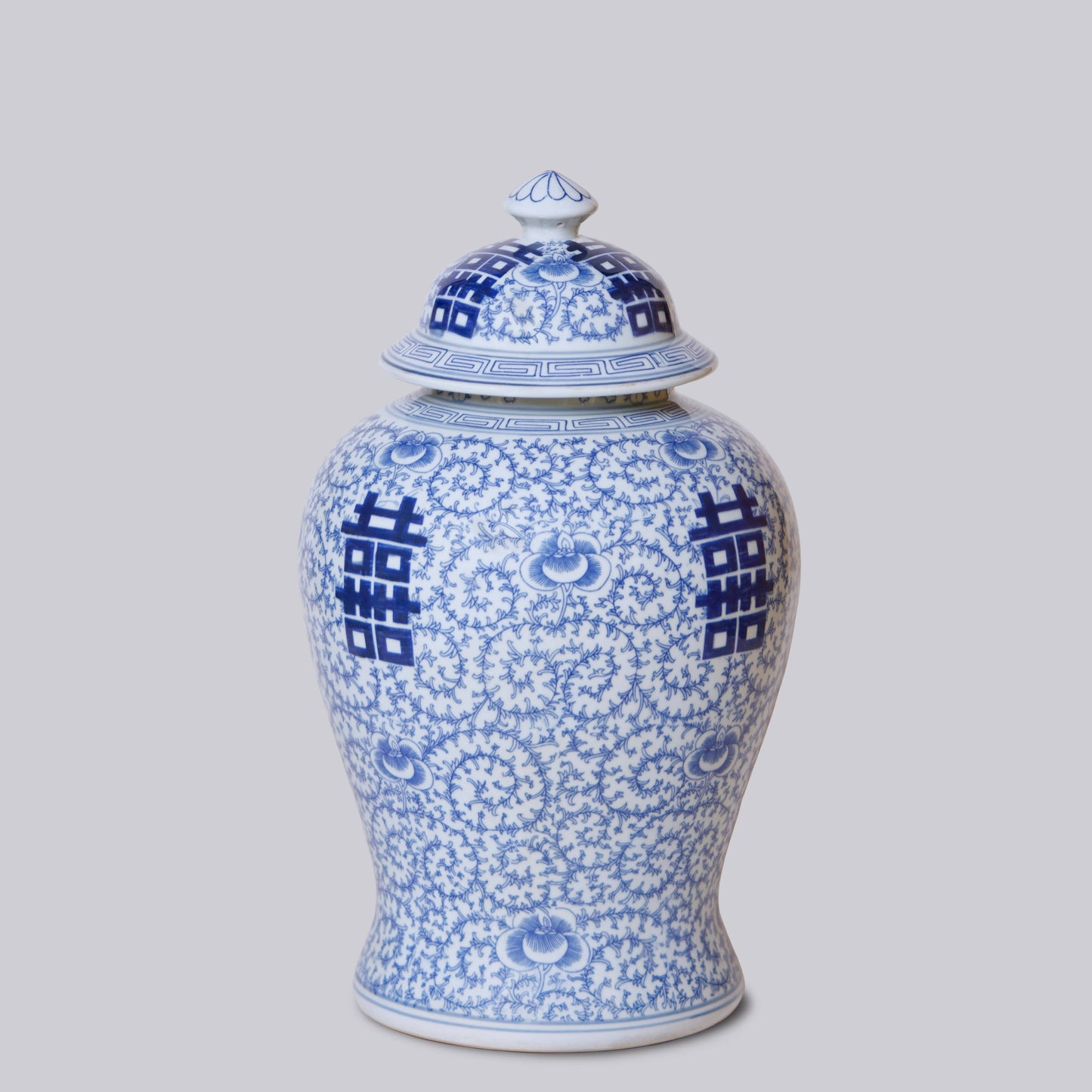 Double Happiness/Scrolling Peony Blue and White Temple Jar