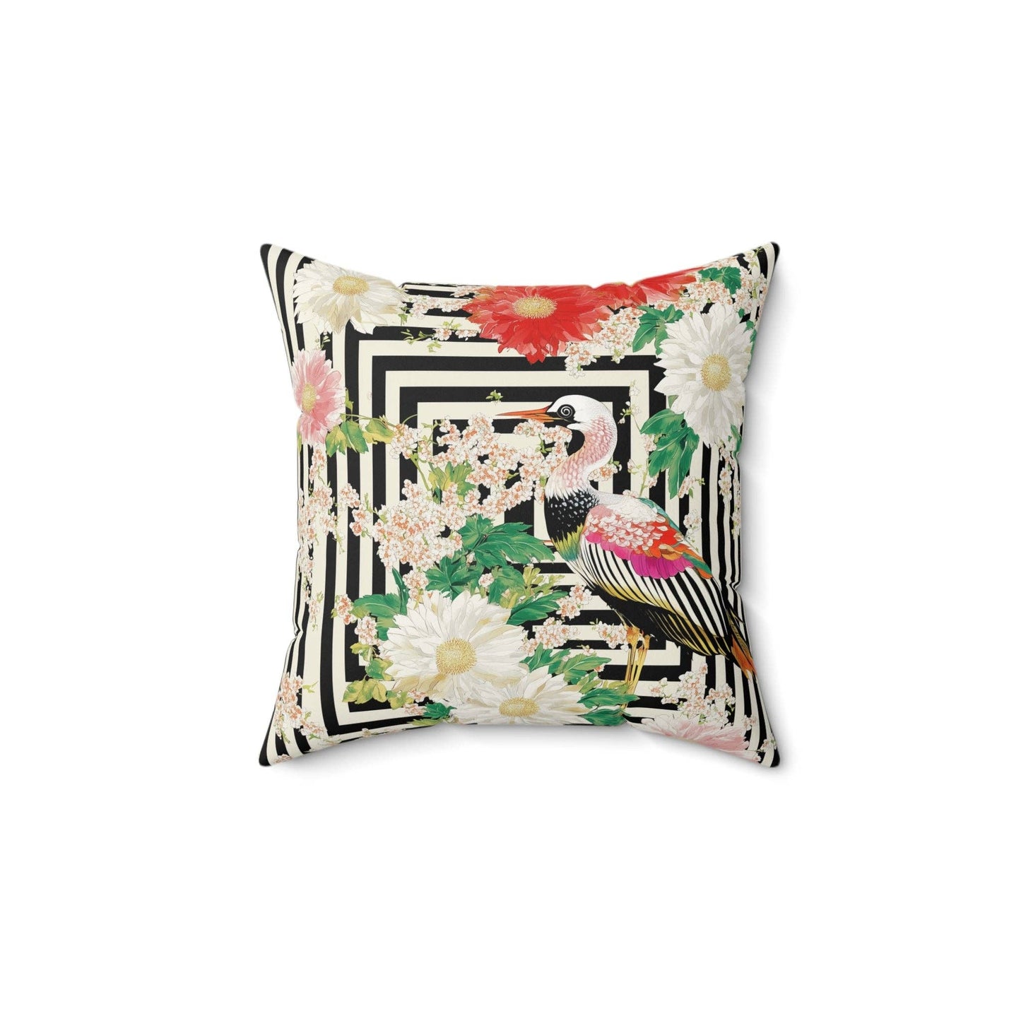 Crane & Dahlia Throw Pillow: 20" × 20"