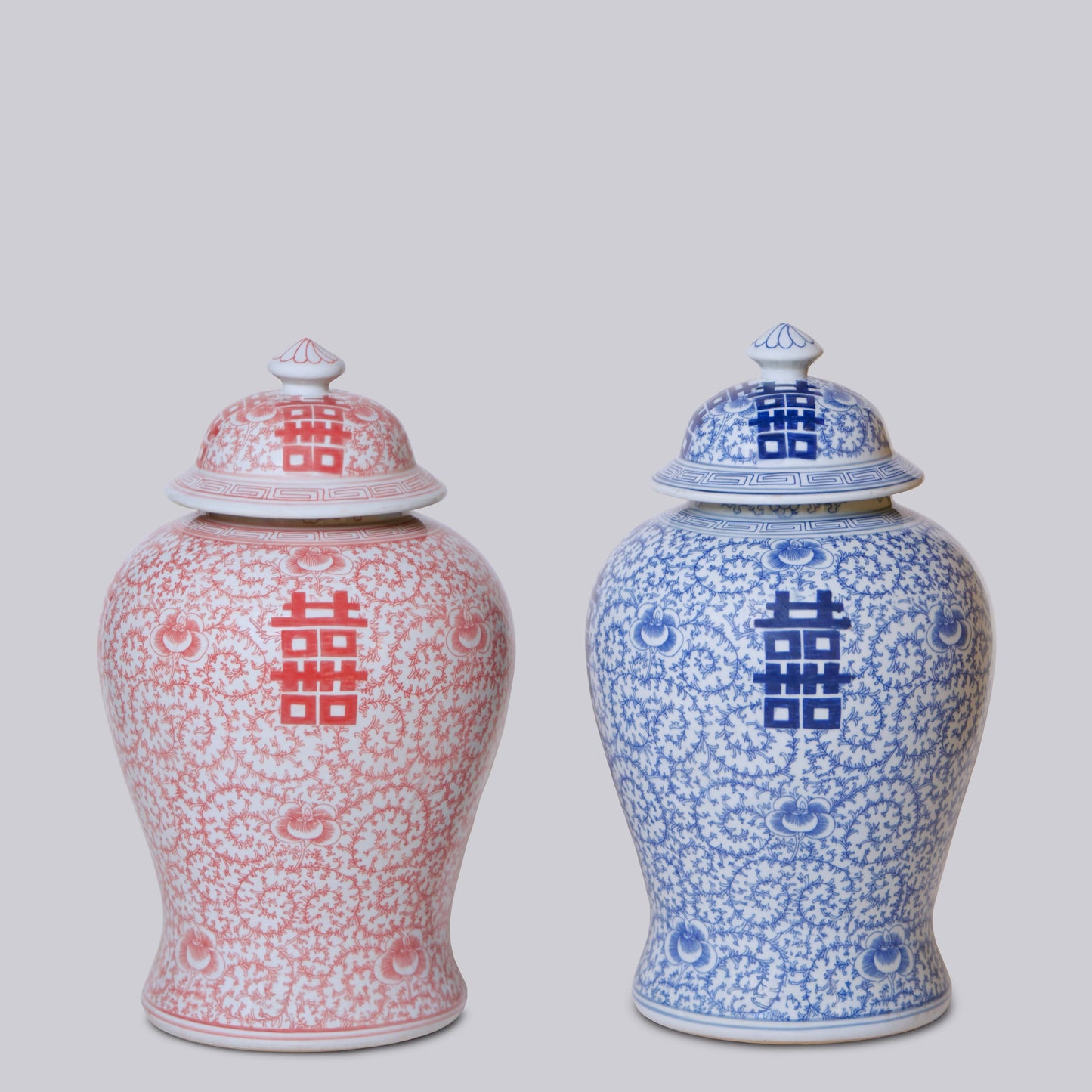 Double Happiness/Scrolling Peony Blue and White Temple Jar