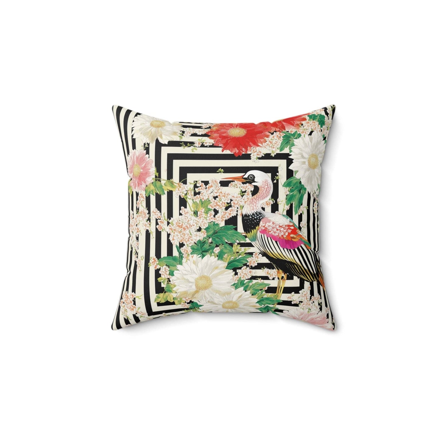 Crane & Dahlia Throw Pillow: 20" × 20"