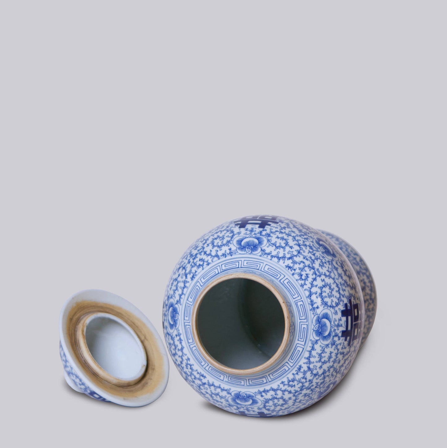 Double Happiness/Scrolling Peony Blue and White Temple Jar