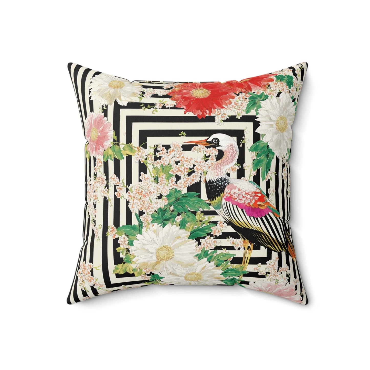 Crane & Dahlia Throw Pillow: 20" × 20"