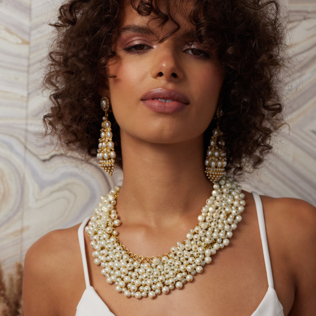 Gold and Pearl Cluster Necklace