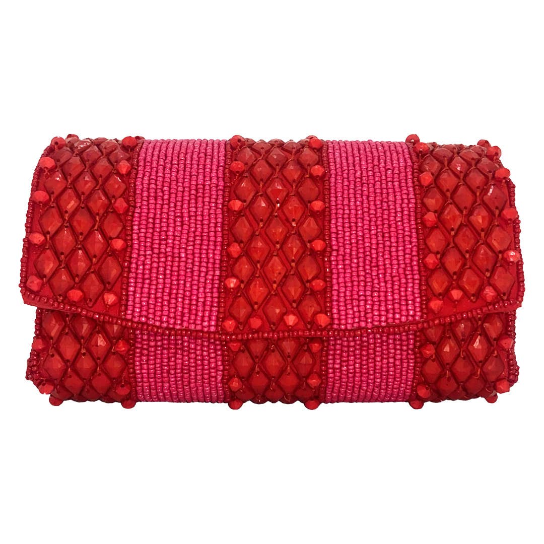 RED BEADED CURVED CROSSBODY BAG