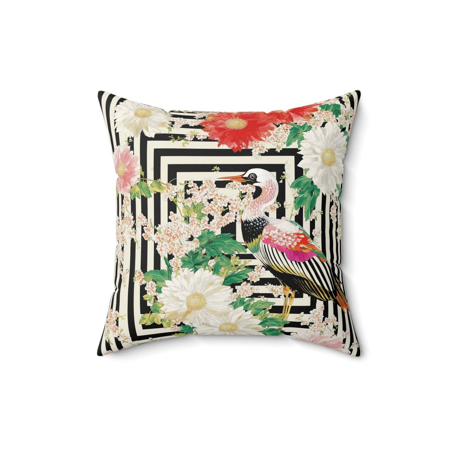 Crane & Dahlia Throw Pillow: 20" × 20"