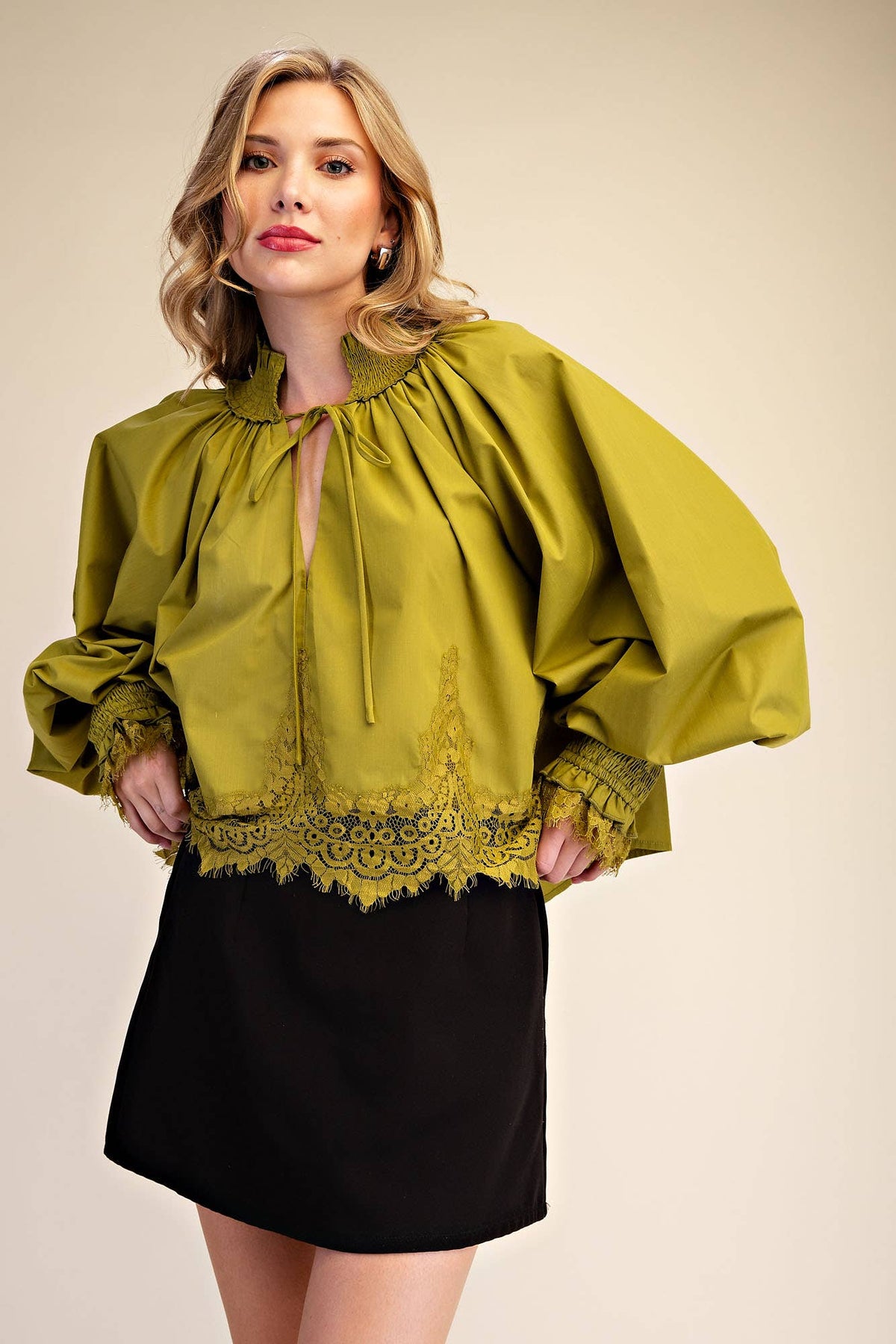 Plum Lace Puff-Sleeve Blouse