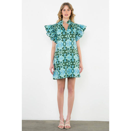 Mint Ruffle Sleeve Print Dress