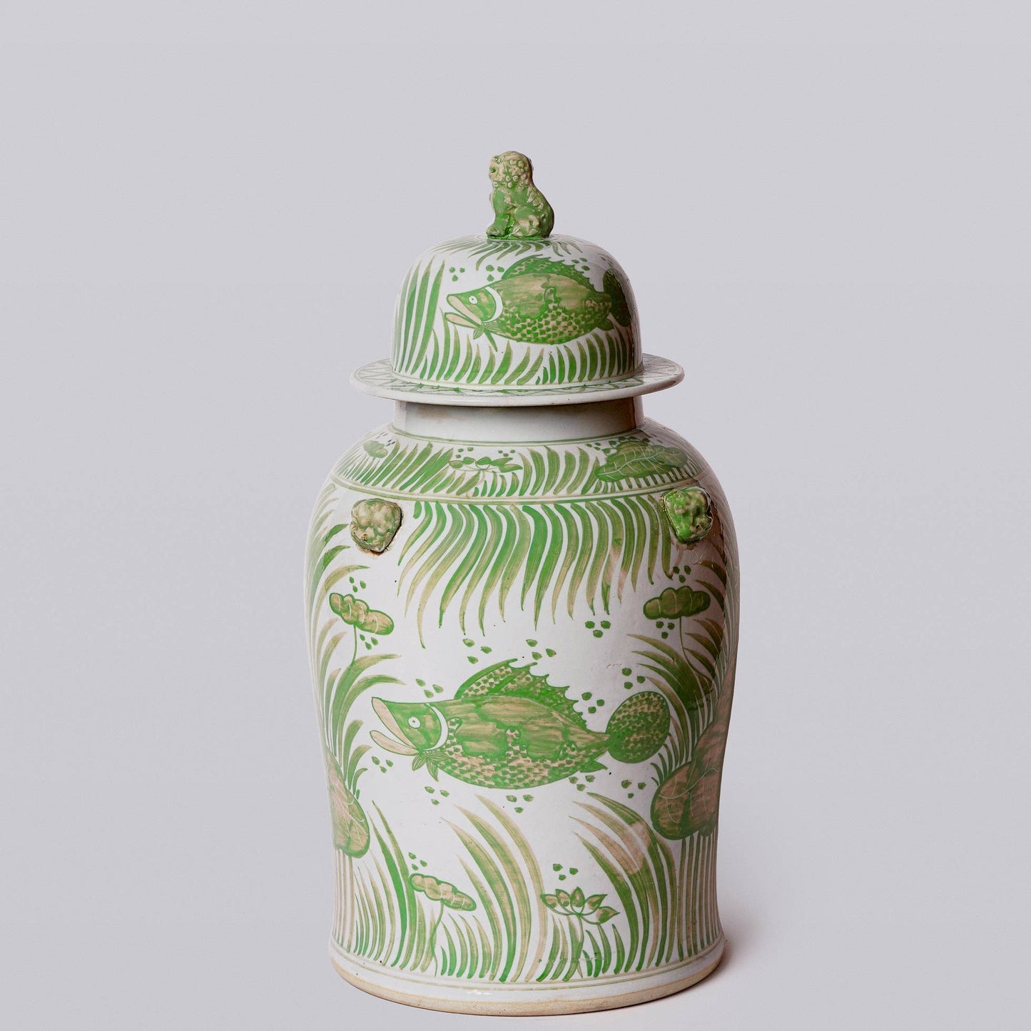 Green and White Fish and Lotus Porcelain Temple Jar
