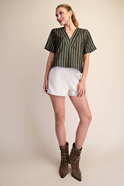 V-Neck Stripe Top - Green & Olive