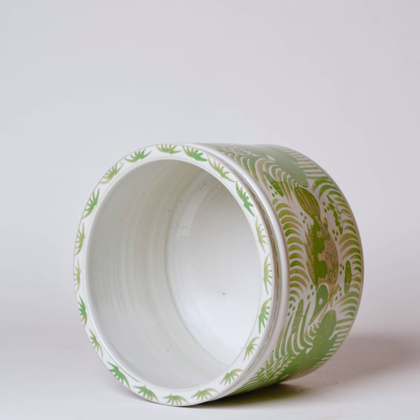 Green & White Fish & Lotus Wide Cachepot