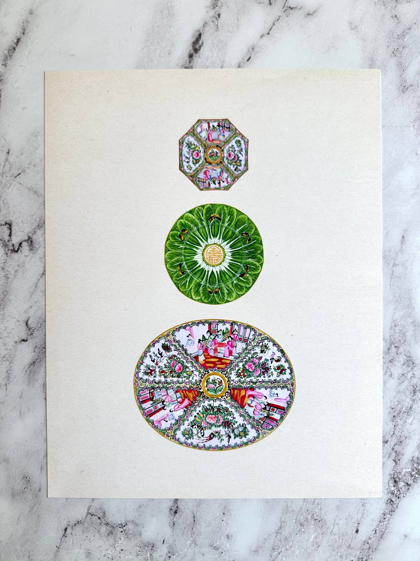 Chinoiserie Bok Choy Rose Medallion Plates Wall Art Prints