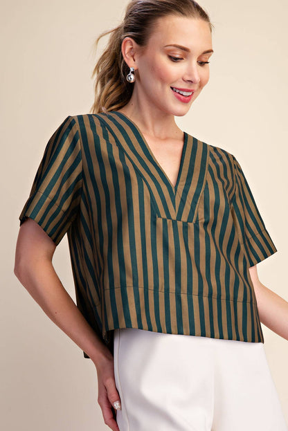 V-Neck Stripe Top - Green & Olive