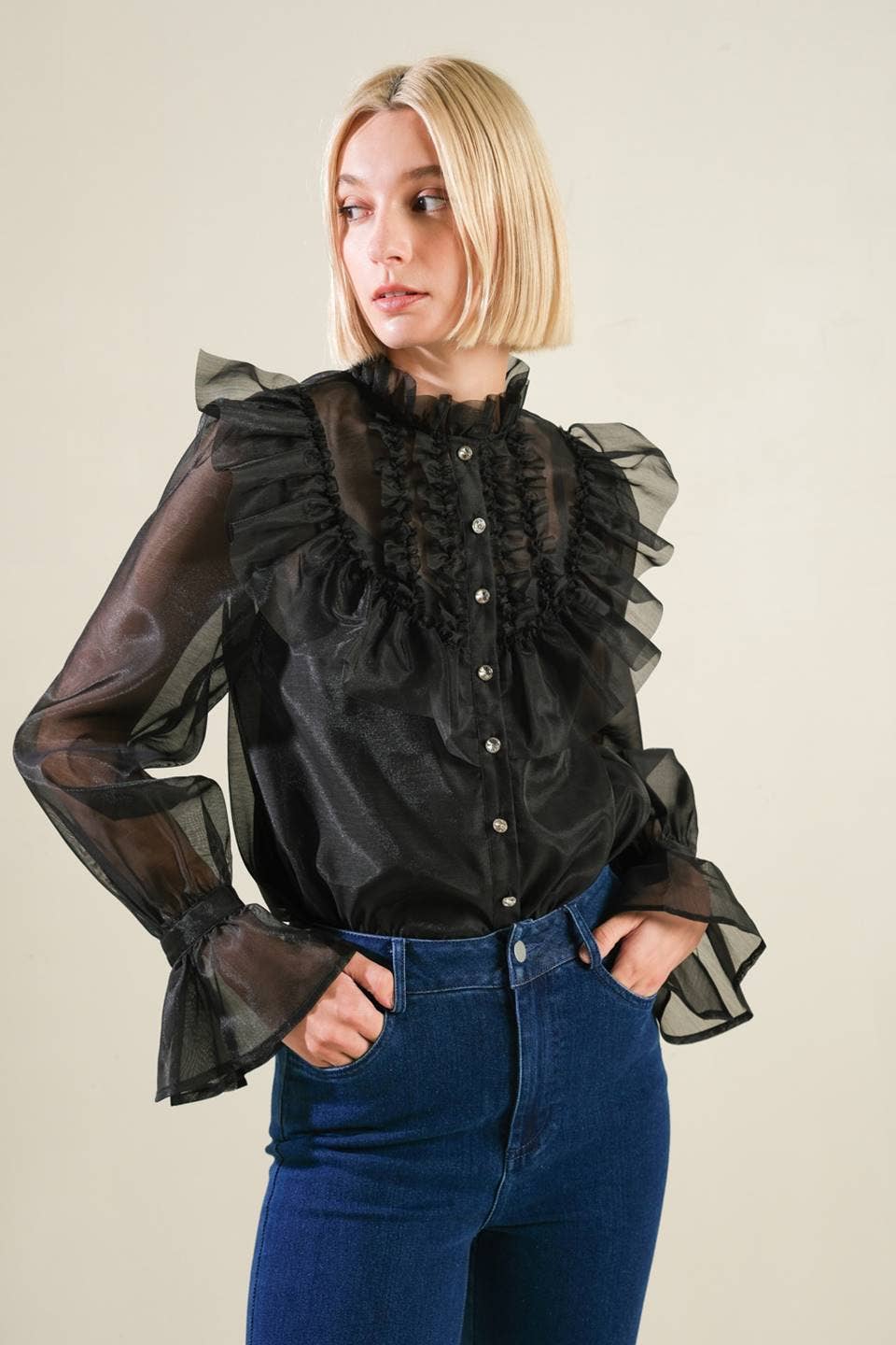 Black Ruffle Sheer Blouse