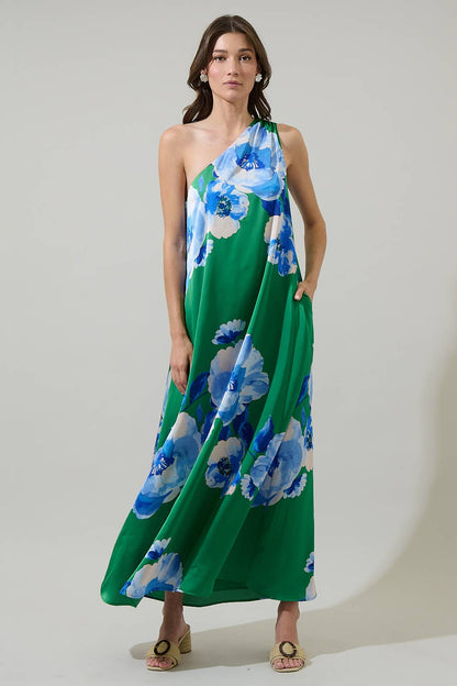 Green & Blue Floral Silk Maxi Dress